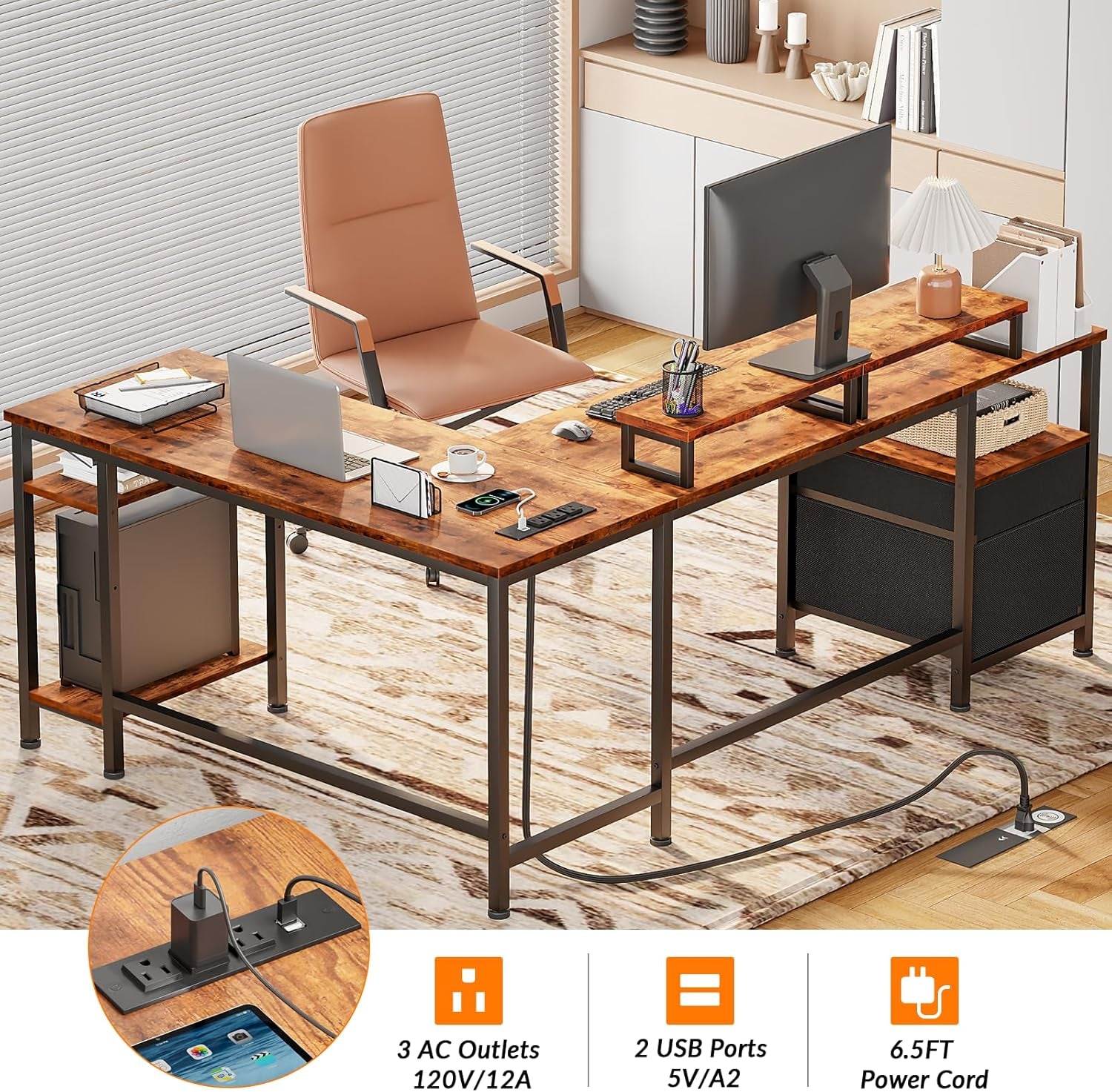 66” L Shaped Desk with Power Outlet, Reversible Computer Gaming Desk with File Drawer & 2 Monitor Stands for Home Office with Storage Shelves, Rustic Brown