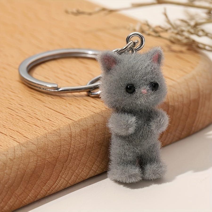 Cute Cat Keychain Fluffy Gray Kitten Animal Resin Key Chain Ring Purse Bag Backpack Charm Earbud Case Cover Accessories