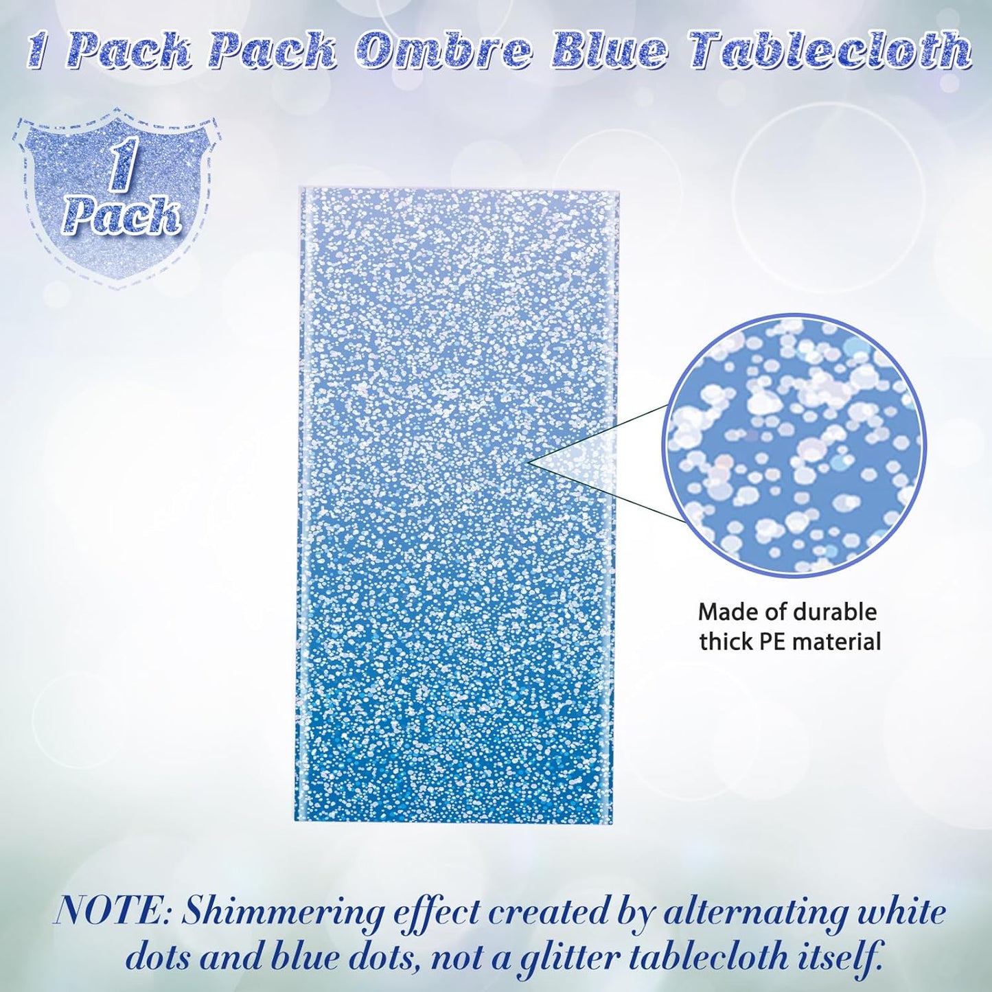 1 Pack Ombre Blue Plastic Tablecloth for Parties, Gradient Pastel Blue Disposable Tablecloths for Rectangle Tables, Sprinkle Table Cover for Wedding Birthday Anniversary Party, 54 X 108Inch