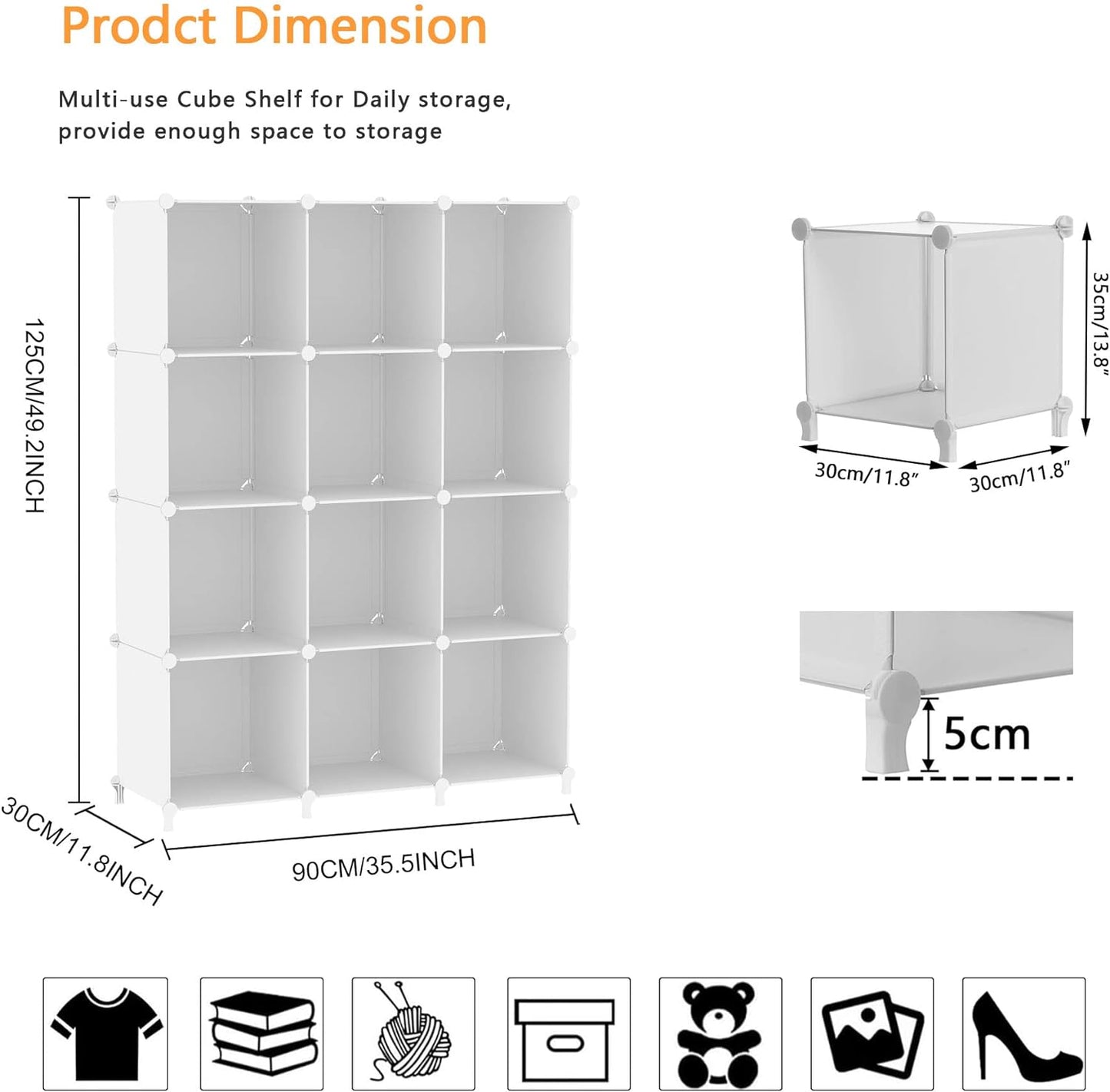 Cube Storage Organizer Storage 12 Cube Bookshelf DIY Plastic Closet Clothes Storage Shelves with Wooden Mallet, Stackable Storage Solution for Home, Bedroom, White