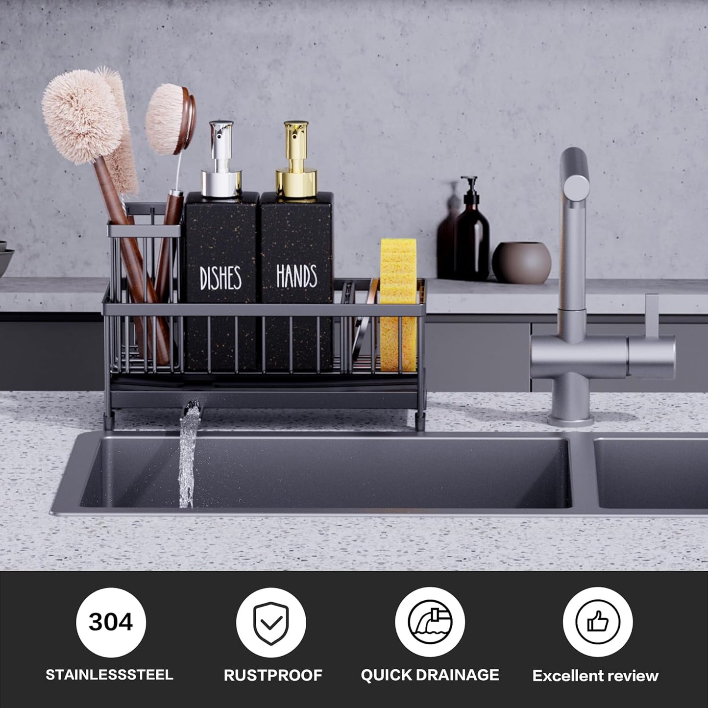 Kitchen Soap Dispenser Set with Sink Caddy, 12 Oz Glass Bottle, Hand and Dish Soap Dispenser Set with Sponge Holder (Black Sink Caddy + Black Bottle)