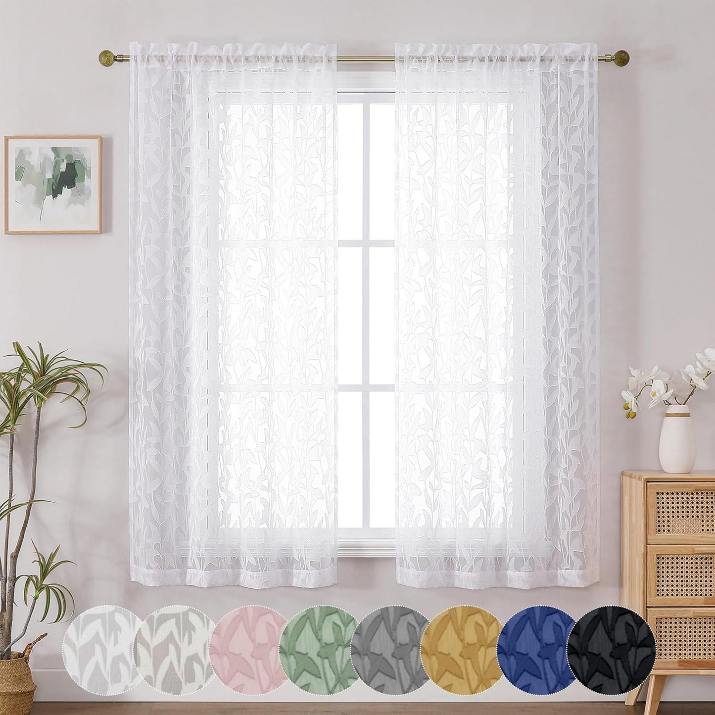 Leyna 2 Panels Sheer White Curtains 63 Inch Length for Bedroom, Soft Lightweight Jacquard Clip Window Curtain for Living Room, Double Rod Pockets Textured Drapes, Each 40Wx63L Inches