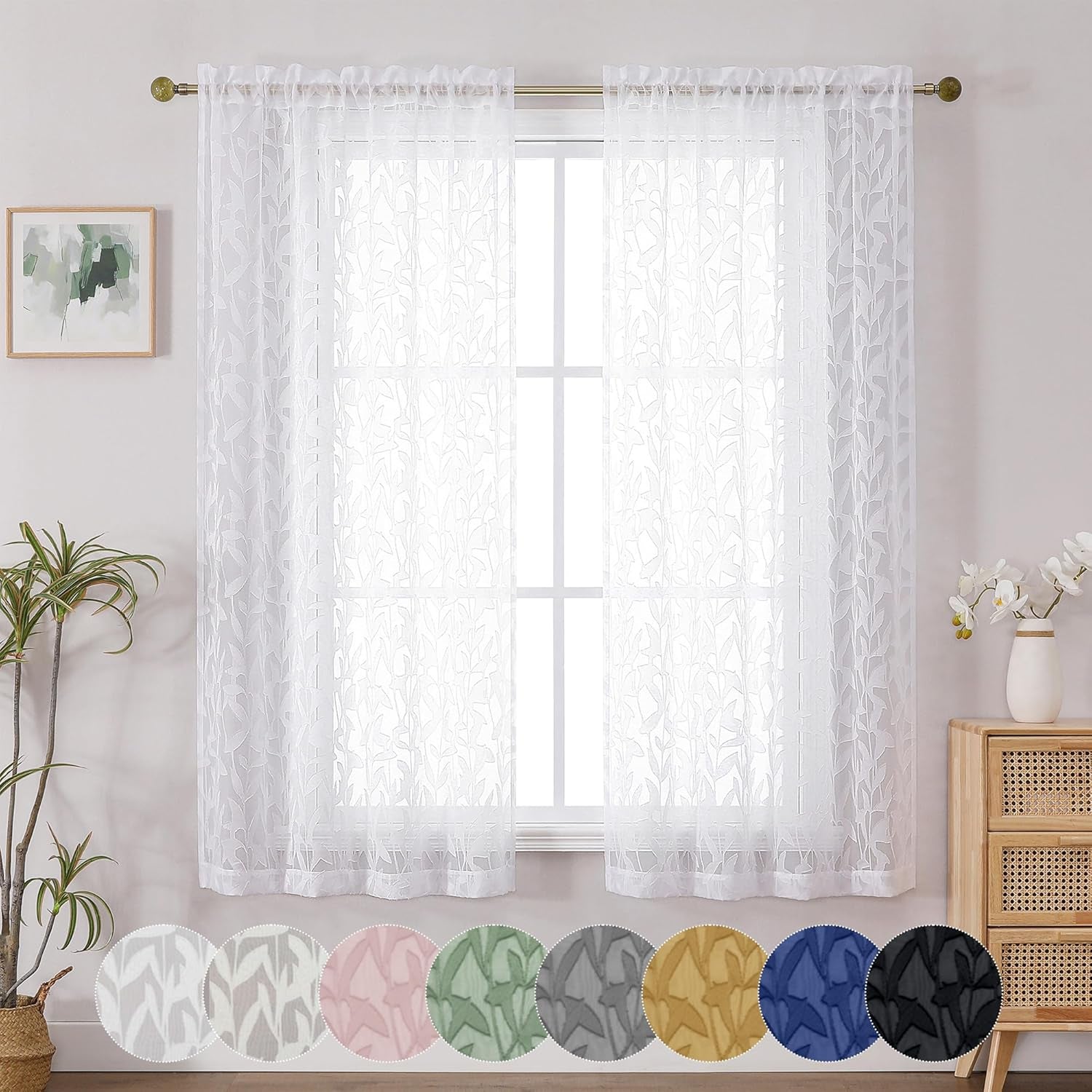 Leyna 2 Panels Sheer White Curtains 63 Inch Length for Bedroom, Soft Lightweight Jacquard Clip Window Curtain for Living Room, Double Rod Pockets Textured Drapes, Each 40Wx63L Inches