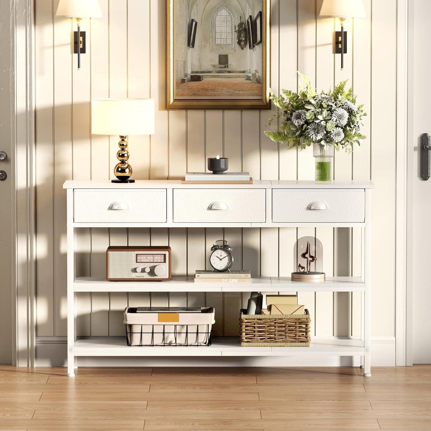White Long 47" Console Sofa Table with 3 Drawers, Entryway Table with 3-Tier Storage Shelves, Display Shelf for Entry Way, Hallway, Couch, Living Room, Kitchen, Foyer