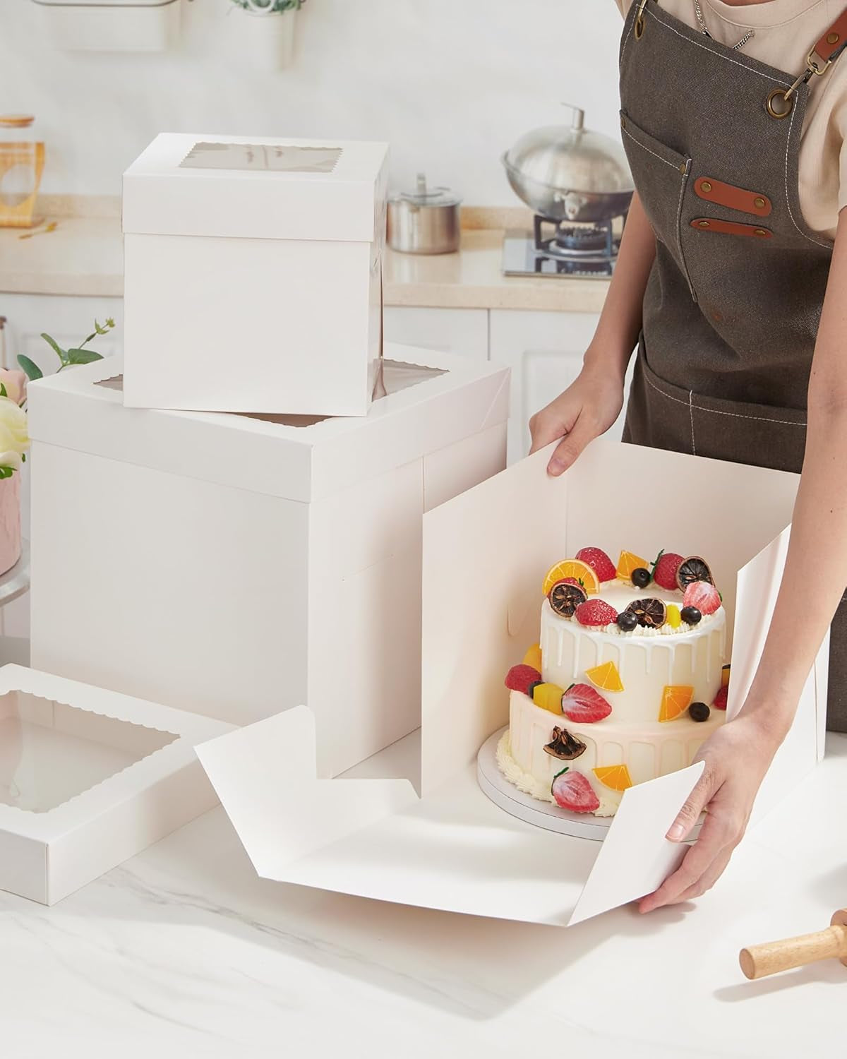 Cake Box with Board Drum, 10X10X10 Inches Tall Bakery Box with Window, Disposable Cake Container with Lid for Multi-Layer Cake, Cake Decorating, Wedding, Birthday, Party