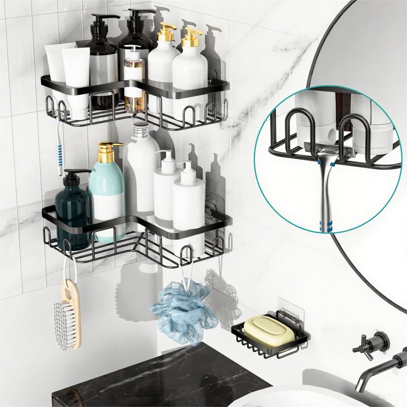 3-Pack Corner Shower Caddy Organizer Shelf, Organization with Soap Holder, Adhesive Shower Shelves Rustproof for Bathroom Shower Storage Basket Shower Accessories(Matte Black) (JLJ001)