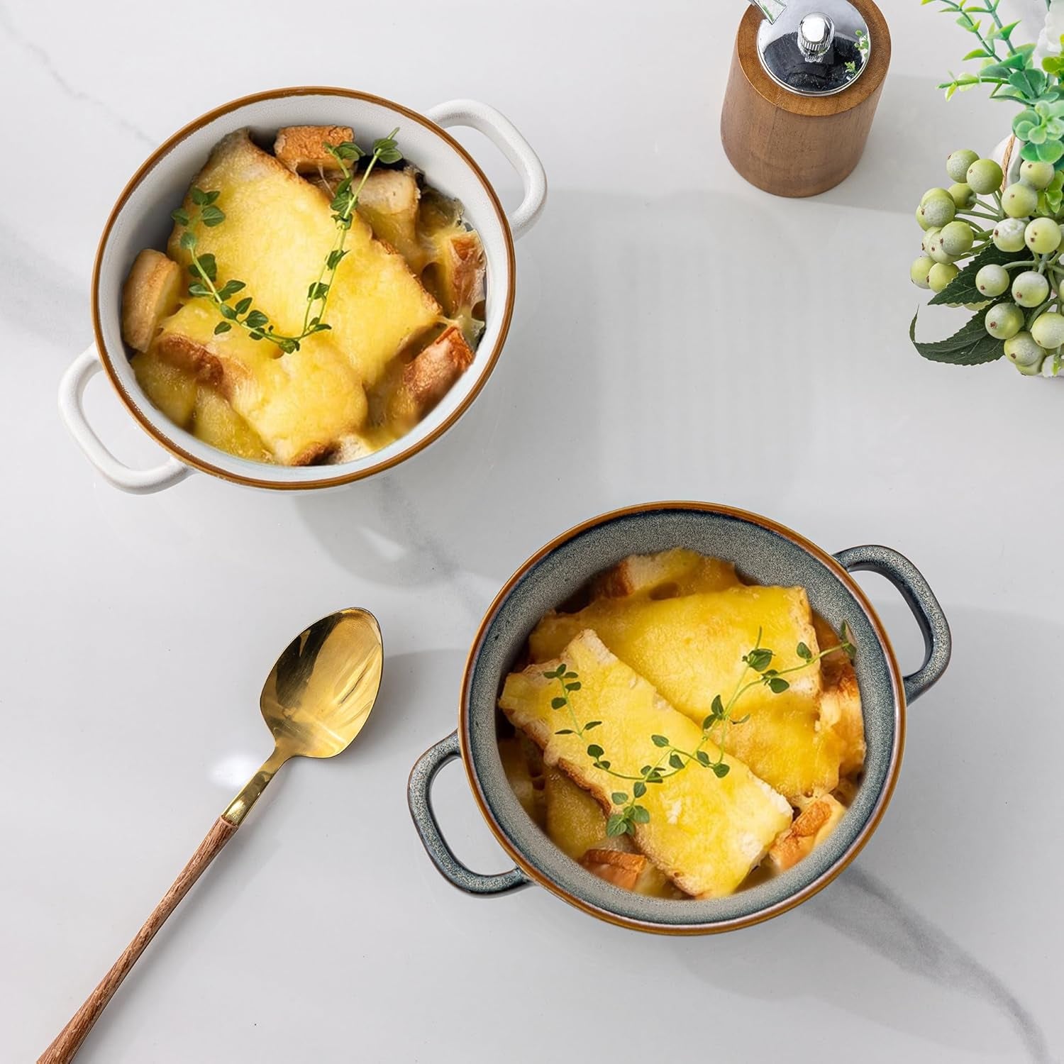 Ceramic Soup Bowls Set with Double Handles, 24 OZ Capacity, Ideal for Soup, Cereal, Stew, Salad, Noodles, and Ramen, Microwave and Dishwasher Safe, Set of 4