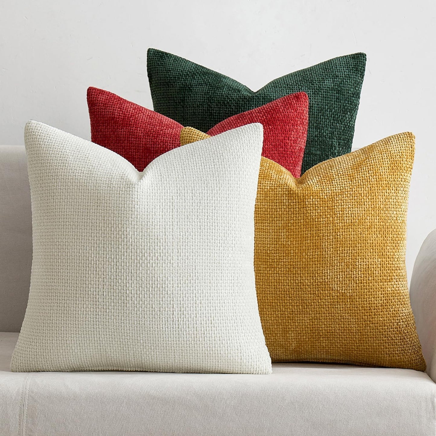 Christmas Pack of 4 Couch Throw Pillow Covers 18X18 Inch Christmas Red/Green Soft Decorative Chenille Pillow Covers Farmhouse Accent Cushion Covers for Boho Home Decor Sofa Bedroom Living Room