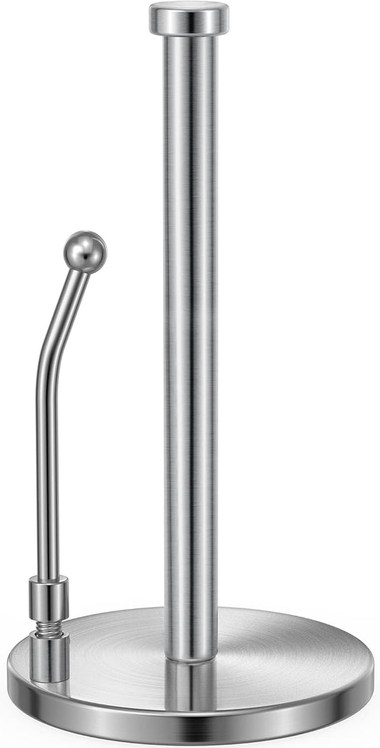 Paper Towel Holder, Paper Towel Dispenser Standing Weighted Base Non Slip, Spring Arm for Easy Tear, Stainless Steel Paper Towel Holder for Home Kitchen Countertop Tabletop, Silver
