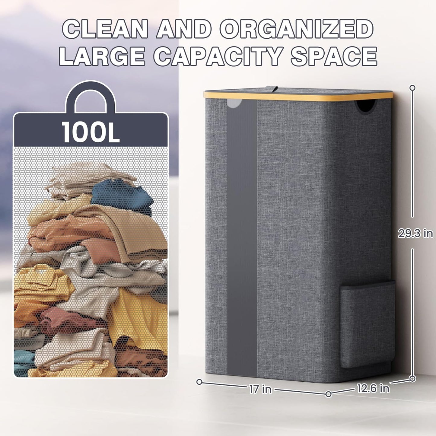 100L Laundry Basket with Lid, Removable Laundry Bag and Handles, Breathable Design Hamper for Bedroom, Bathroom, Dorm, and Laundry Room - Light Grey
