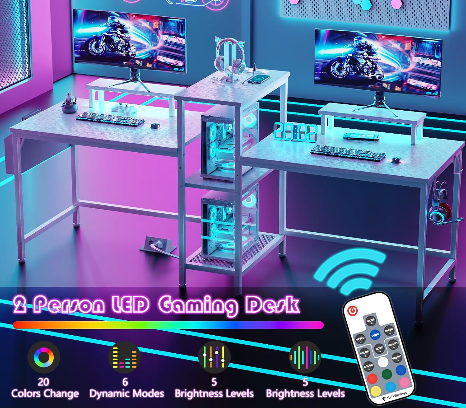 2 Person Gaming Desk with LED Lights, 71 Inch Computer Desk with Power Outlets and Monitor Stand, Double Desk with Storage Bag and Headphone Hooks, Study Writing Table for Home Office, White