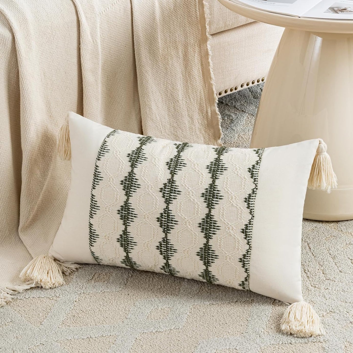 Set of 2 Boho Olive Green Lumbar Decorative Throw Pillow Cover 12X20 Inch for Couch Bed Sofa Chair, Modern Organic Farmhouse Home Decor, Soft Cute Accent Rectangle Cushion Case with Tassels