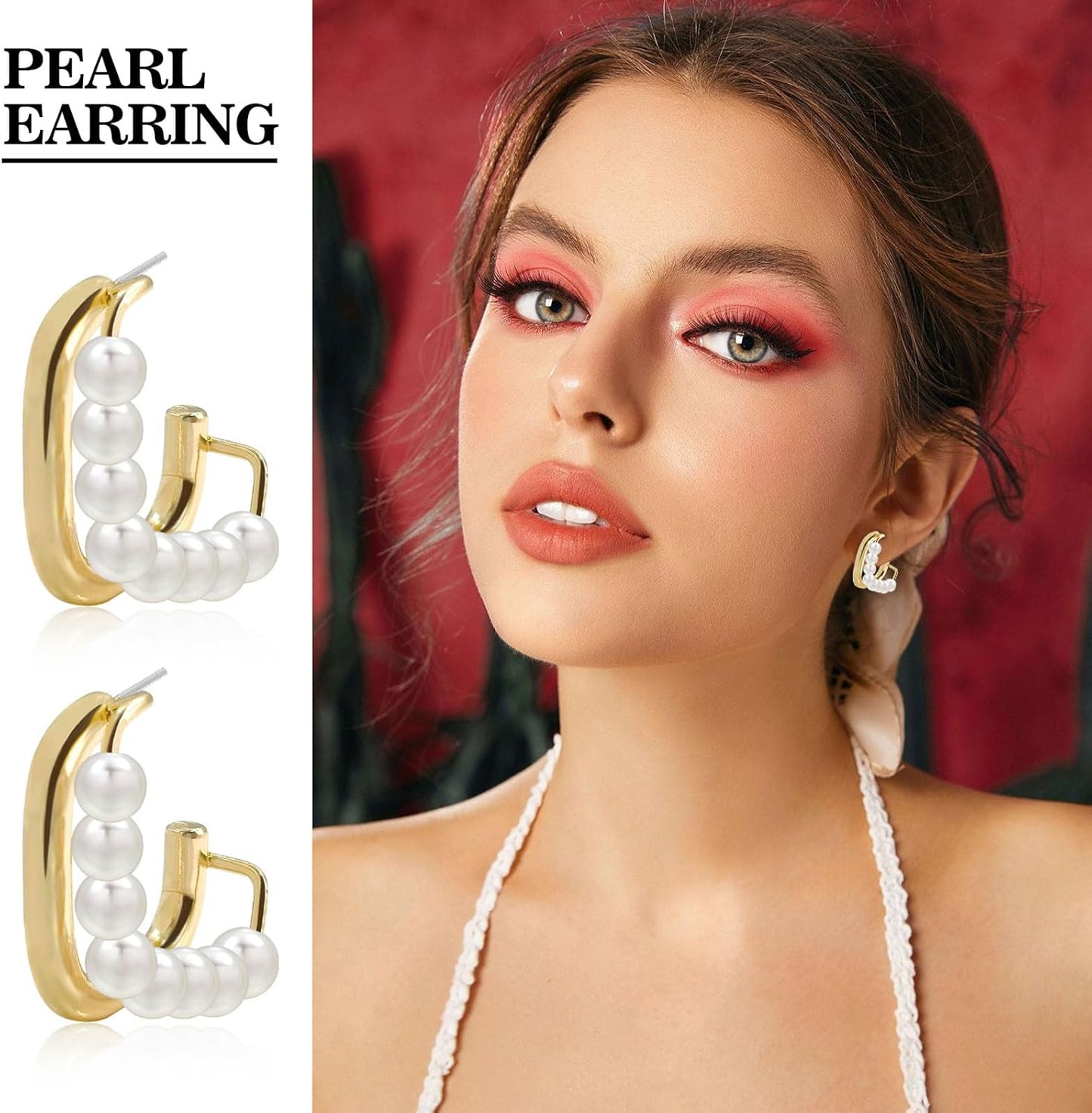 Pearl Hoop Stud Earrings for Women, 14K Gold Square Double Hoop Earrings Dainty Lightweight Studs Jewelry Graduation Birthday Gift for Girls Trendy Earring