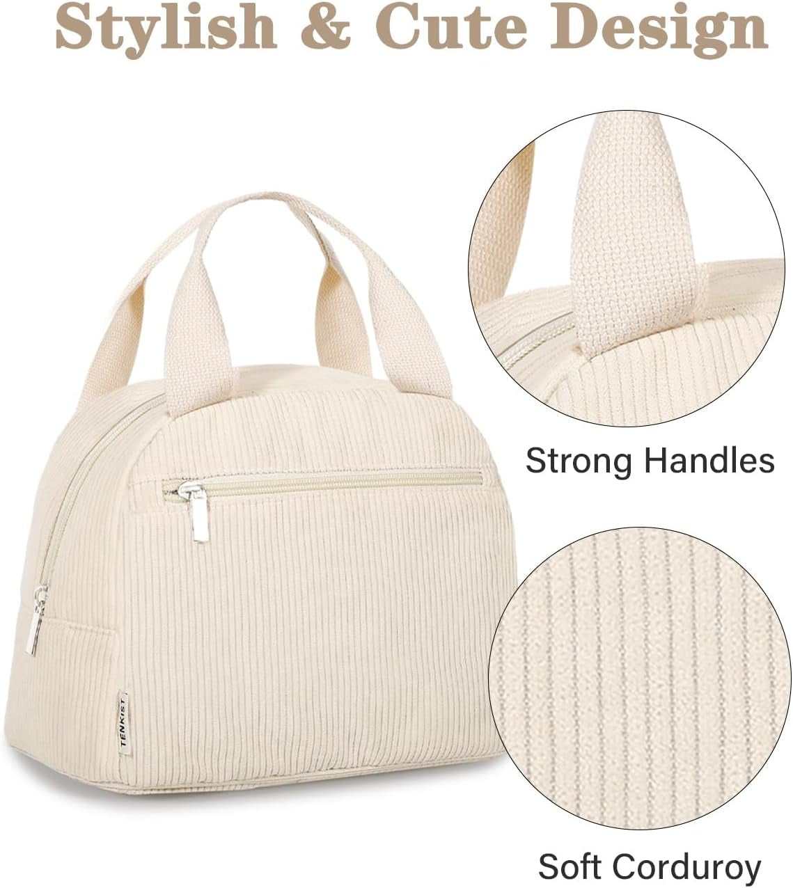 Cute Lunch Box Tote Bag - Corduroy Insulated Cooler Bags for Women - Lightweight Reusable Portable Soft Lunch Pail Kit for Kids Teen Girl Adults Work School Picnic Travel White 8L