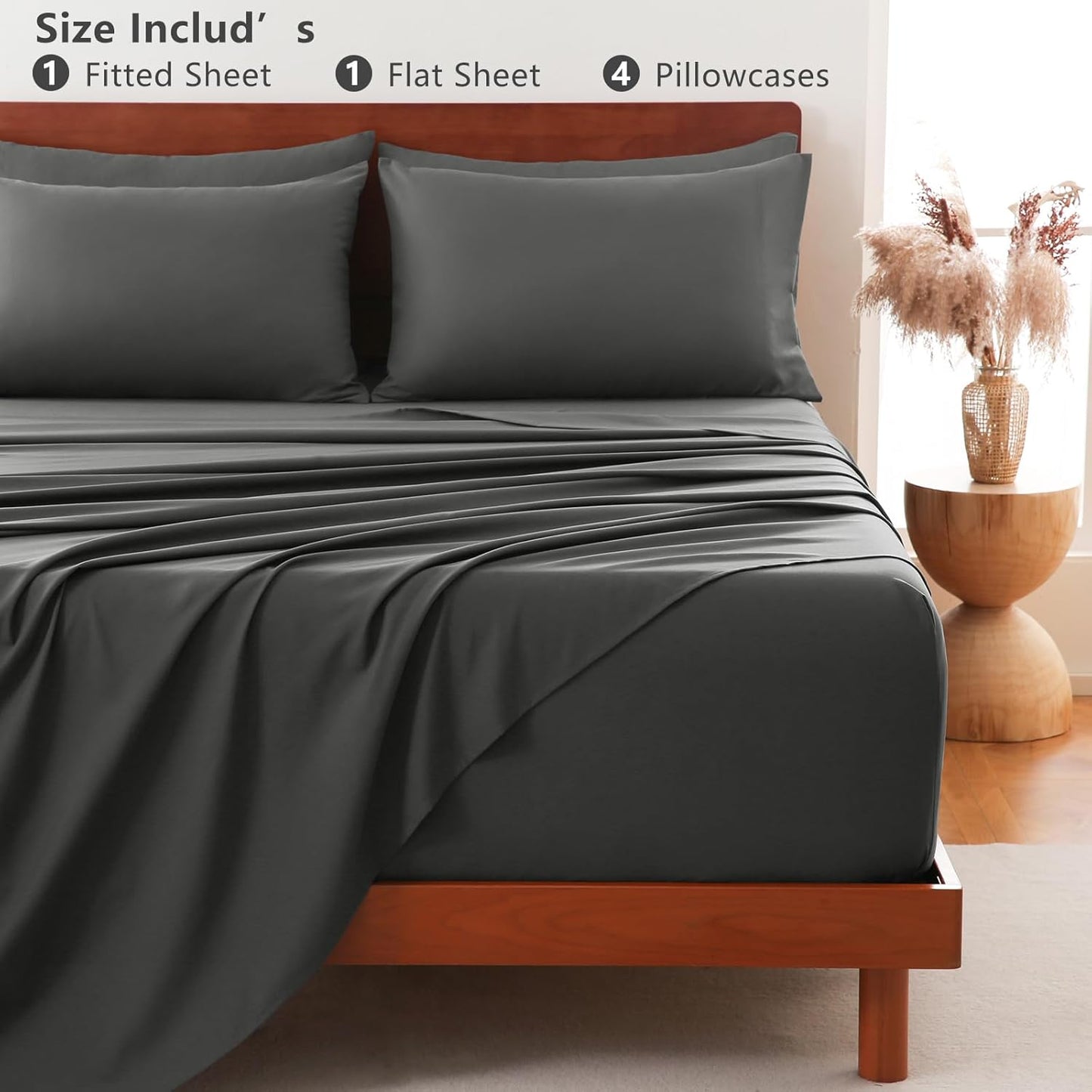Extra Deep Pocket King Sheets - 6 Piece Sheet Set - Fits up to 21 Inches Thick Mattresses - Luxury Bedding Set - Breathable Bed Sheets & Pillowcases - Easy & Secure Fit - Dark Grey, King Size