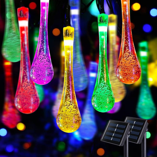 2 Pack Solar String Lights Outdoor Waterproof, Total 41.6FT 60 LED Teardrop Water Drop Solar Light, Multi Colored Christmas Lights for Garden Patio Yard Tree Party Christmas Decorations