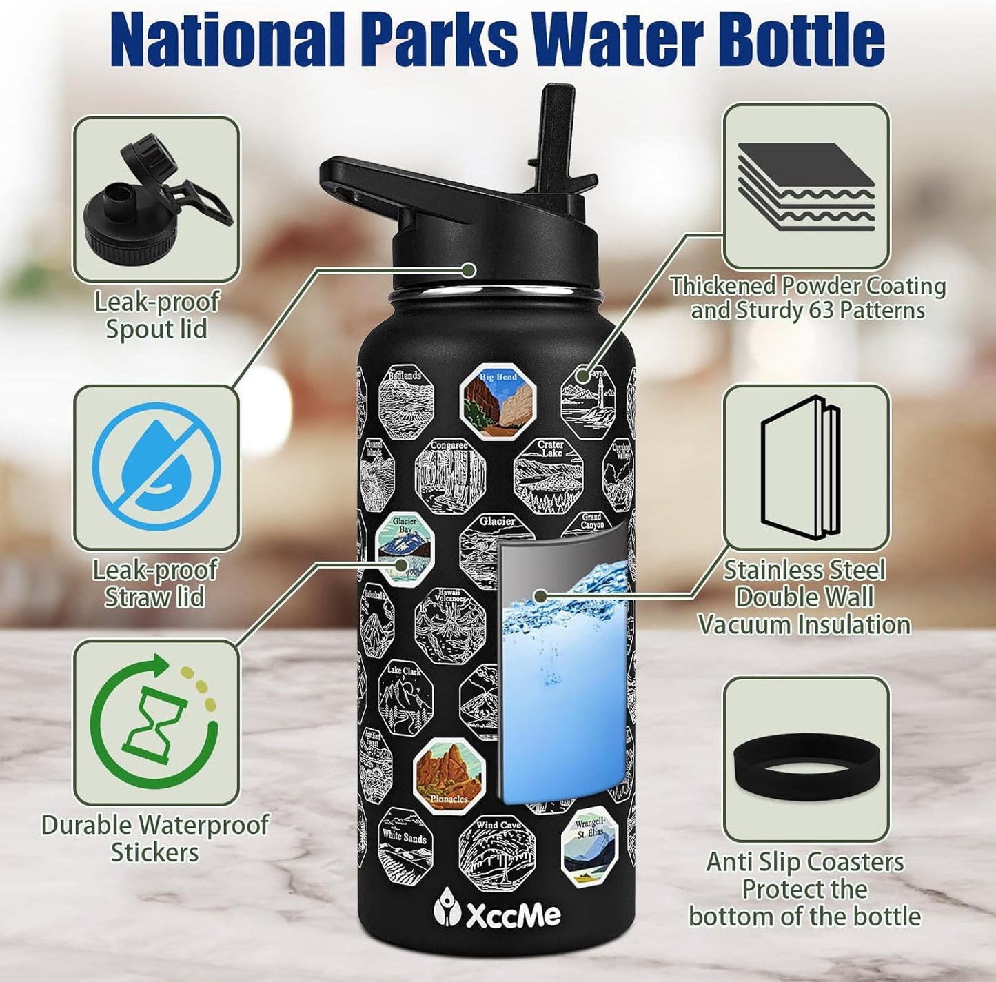 National Parks Water Bottle with Stickers,32 Oz Stainless Steel Insulated Water Bottle with Straw,2 Lids,Leak Proof Metal Water Cup for Hiking,Travel,Sports,Camping,Wide Mouth Bottle