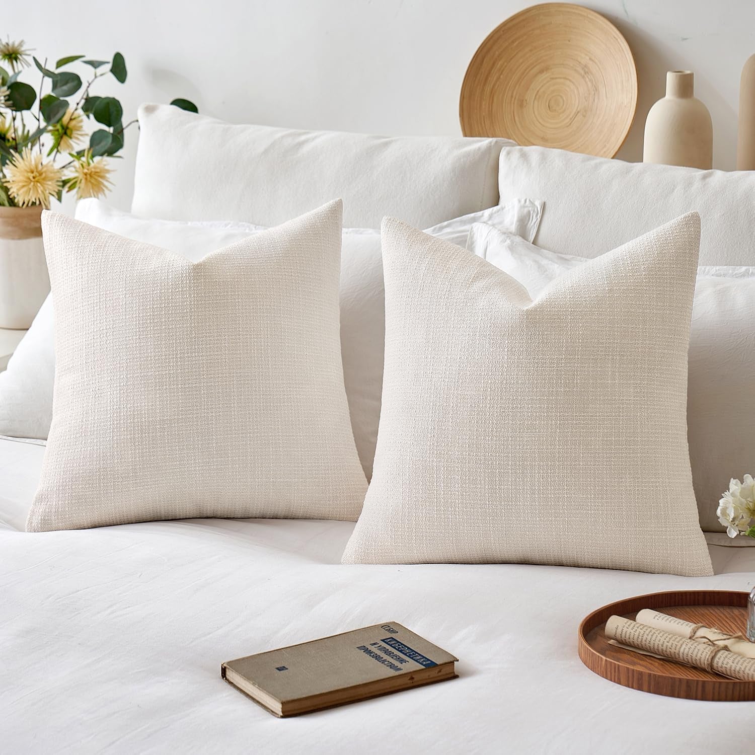Burlap Linen Throw Pillow Covers 18X18 Inch Set of 2 Cream White Christmas Decorative Pillows Modern Farmhouse Soft Accent Cushion Covers for Couch Sofa Bedroom Livingroom Home Decor