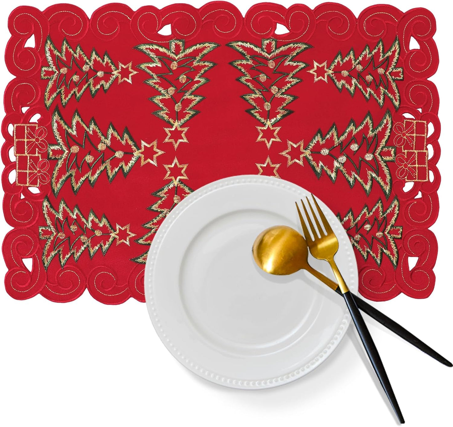 Red Christmas Placemats - 13 X 19 Inch Set of 4, Embroidered Cutwork with Green Christmas Tree and Gifts, Holiday Placemats for Xmas Party Kitchen Decor