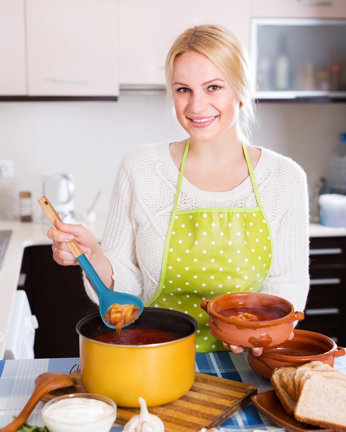 Pack of 2 Soup Ladle, Silicone Ladle Spoon with Wooden Handle, Large Non Stick High Heat Resistant Kitchen Utensils for Cooking, Stirring, Serving Soups(Gray-Blue)