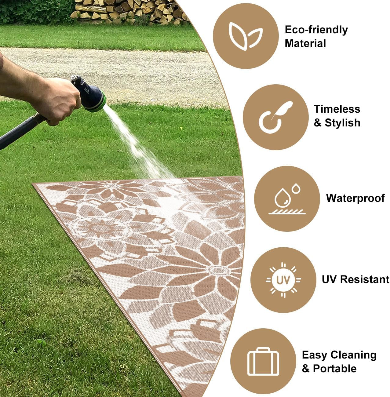 Reversible Waterproof Outdoor Rug for Patio, 6' x 9' Plastic Straw Area Mat, Ideal for RVs, Decks, Porches, Picnics, Beaches, and Balconies in Brown and White