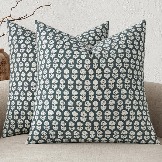 Set of 2 Vintage Floral Block Print Pillow Covers, 20x20 Inch Neutral Linen Cushion Cases for Couch, Sofa, and Chair in Dusty Blue