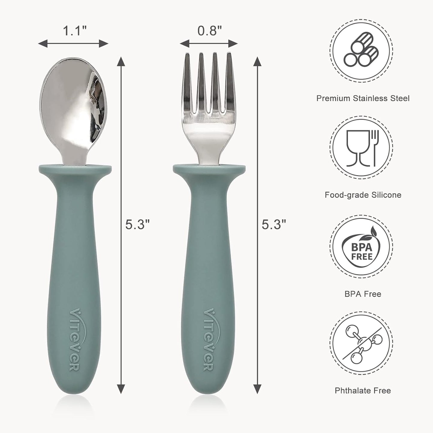 6 Pieces Toddler Utensils, Kids Silverware Set with Silicone Handle, Children Safe Spoons and Forks, 18/8 Stainless Steel, Food-Grade Silicone - Dishwasher Safe