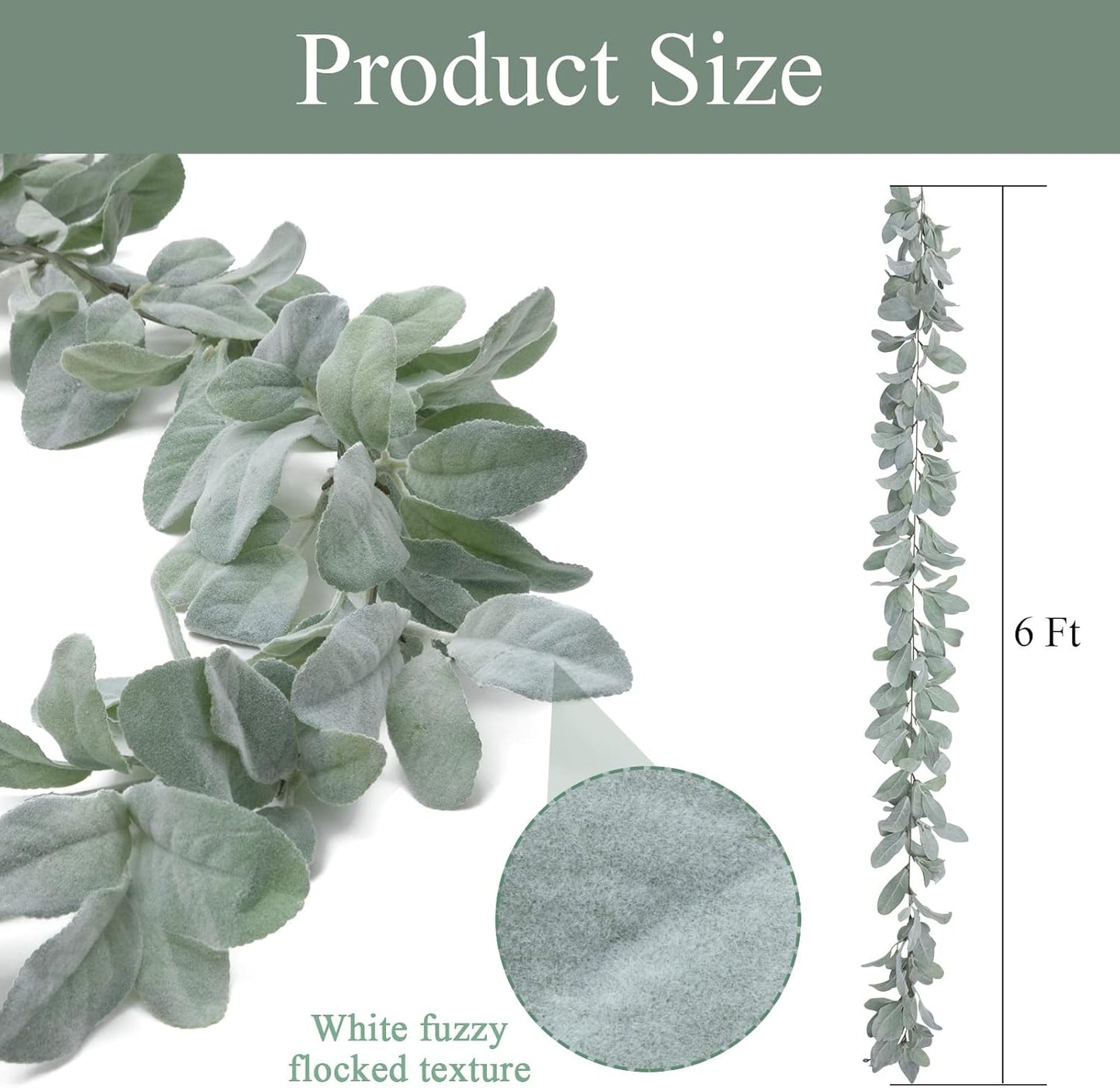 6 Ft Artificial Flocked Lambs Ear Garland - Greenery Vines, Faux Green Leaves for Mantle, Wedding, Home Party Decor, DIY Floral (1 Pack)