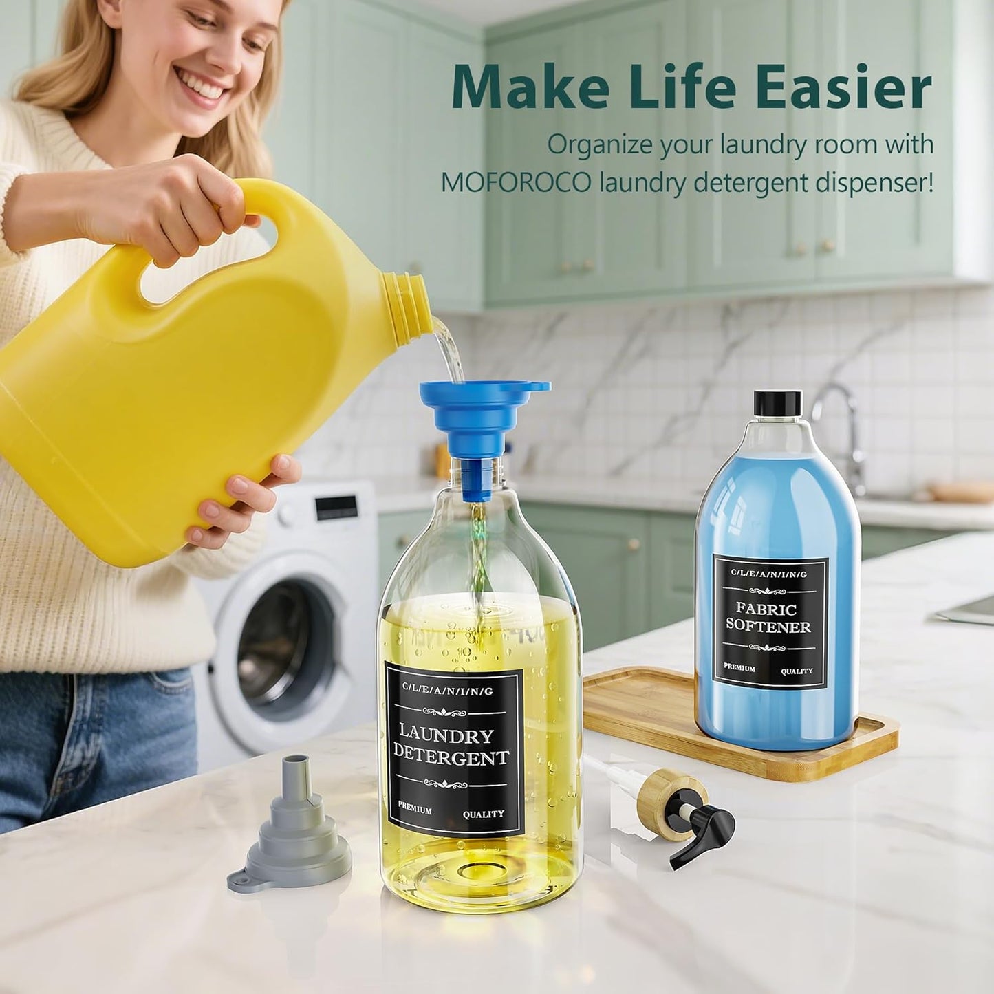 Liquid Laundry Detergent Dispenser with Bamboo Tray, 2 Pack 64 Oz Plastic Laundry Soap Dispenser, Fabric Softener Dispenser with Pump and Labels for Laundry Room Decor and Organization