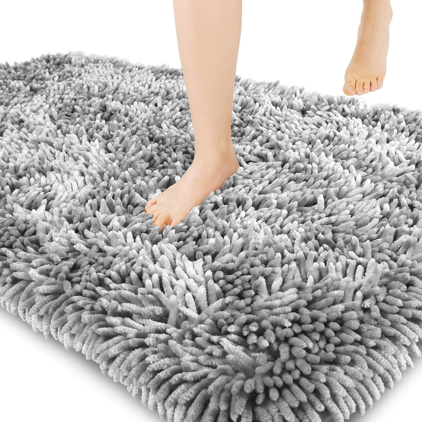 Chenille Bathroom Rugs Non Slip, Extra Thick Soft Absorbent Bath Rug 24X17 Inch, Machine Washable Quick Dry Bath Mat for Bathroom Floor, Tub and Shower, Home Decor Accessories, Light Grey