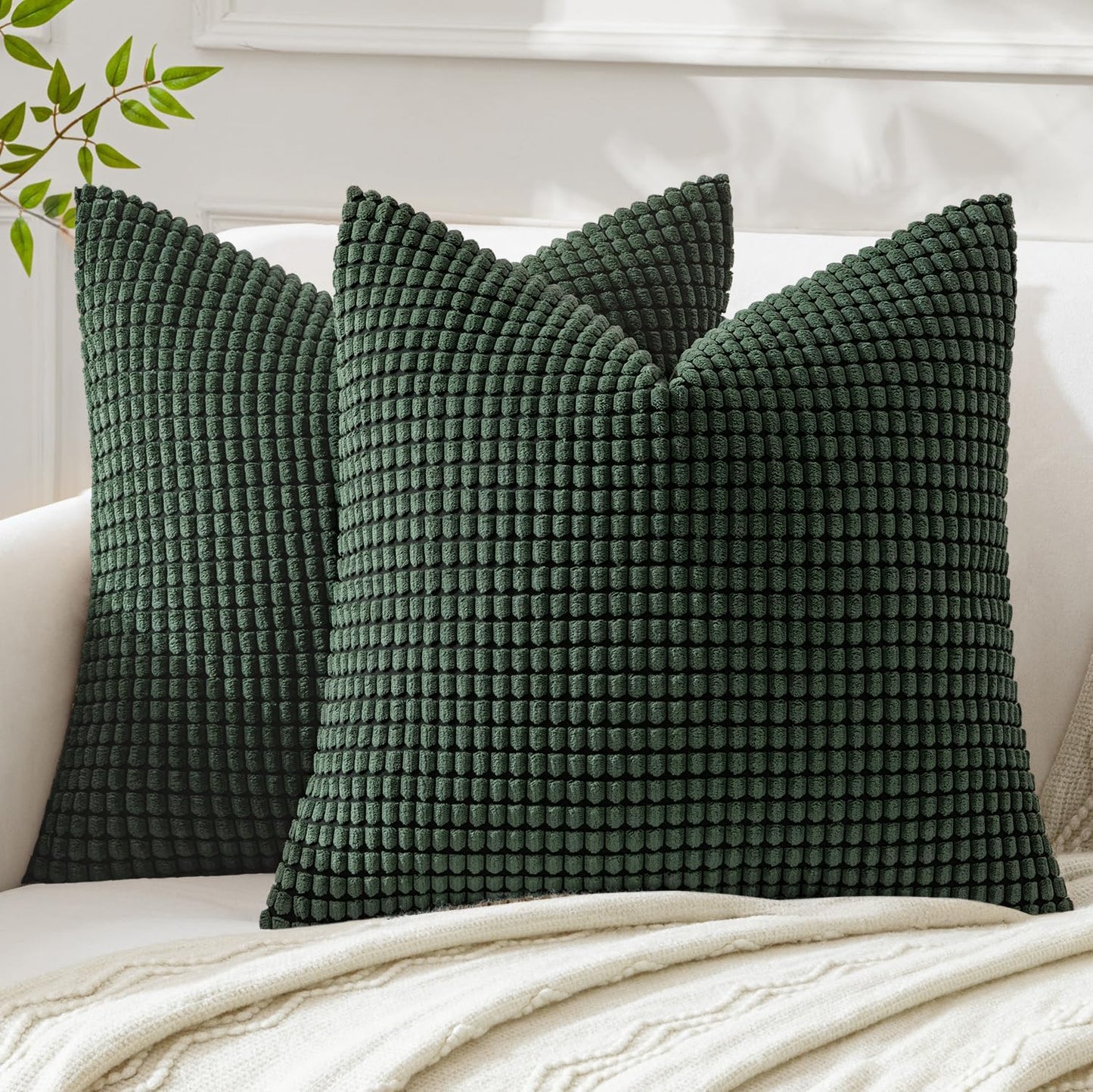 Pack of 2 Pillow Covers 18X18 Inch Granules Soft Corduroy Christmas Decorative Throw Pillow Covers for Couch Cushion Sofa Bedroom Living Room, Dark Green