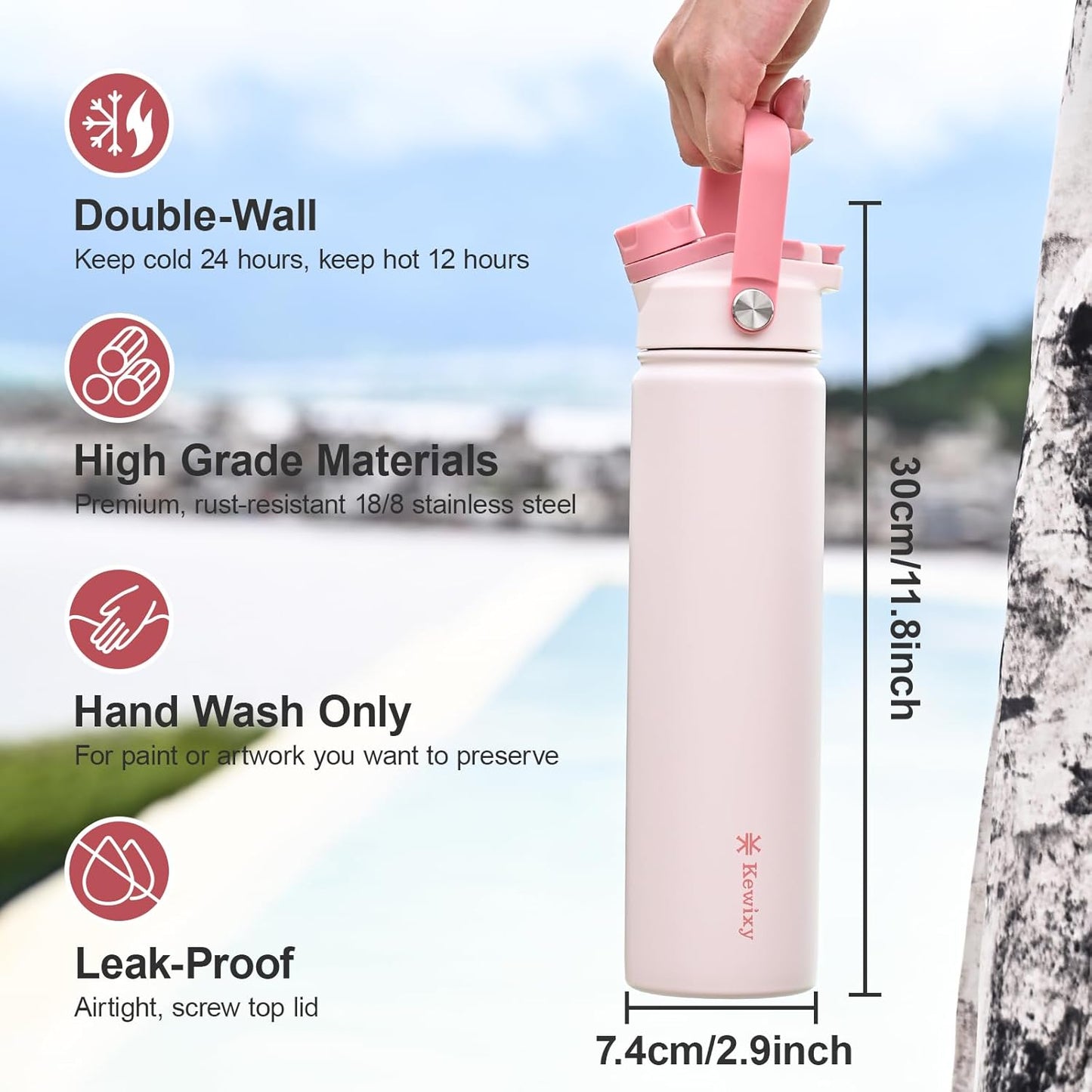 24 oz Stainless Steel Insulated Water Bottle with 2-in-1 Lid, Straw & Spout, Leak-Proof Design, Keeps Cold, Reusable with Handle for Travel, Gym, and School - Pale Pink