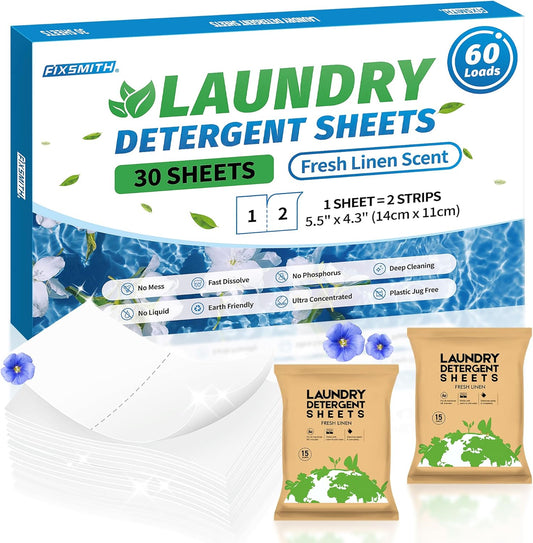 Laundry Detergent Sheets - 60 Loads (30 Sheets) Fresh Linen Scent - Hypoallergenic,Eco Friendly Laundry Soap Sheets Ultra-Concentrated Travel Detergent Sheets.Plastic-Free,Liquidless.