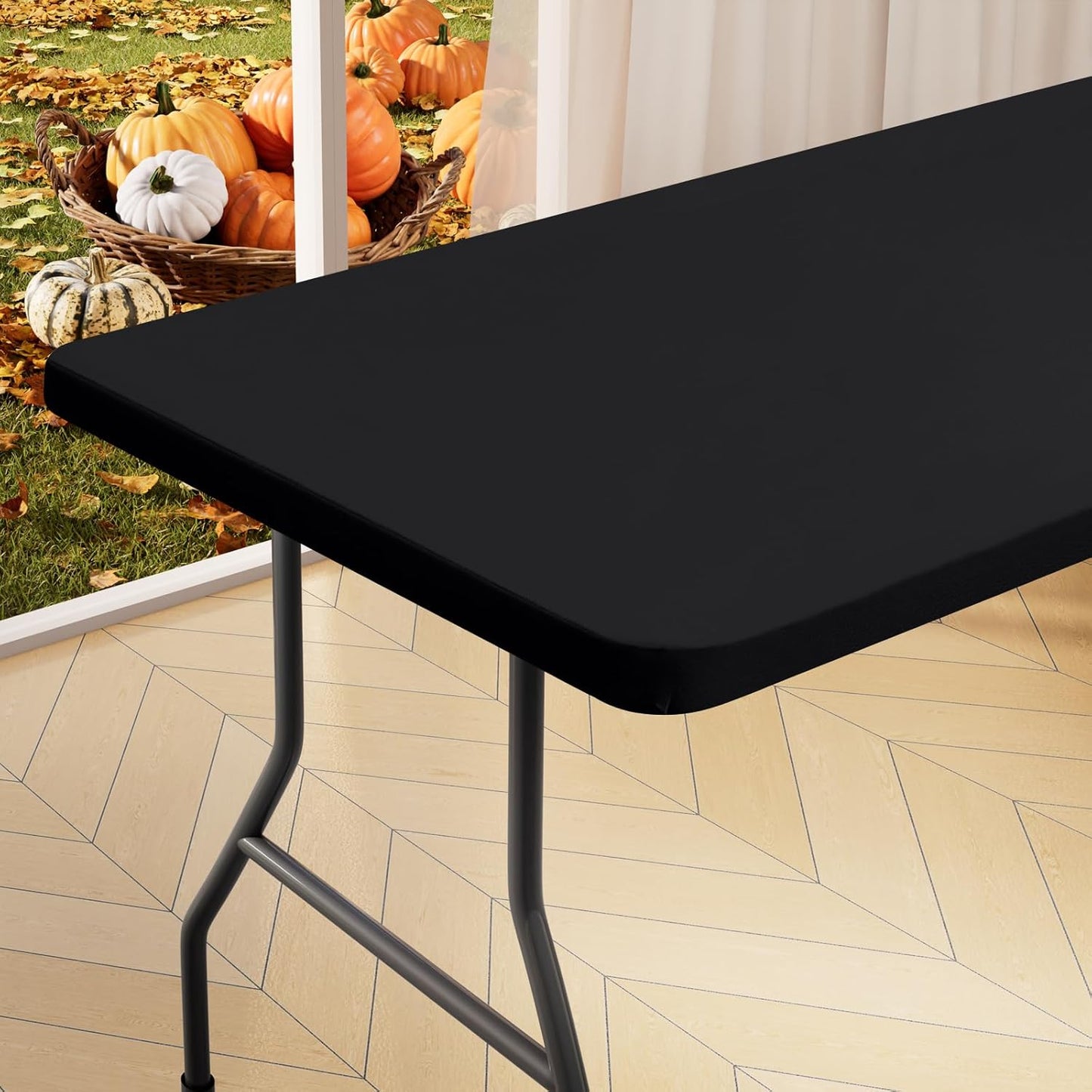 6 Foot Rectangle Elastic Fitted Tablecloth, Waterproof Fabric Table Cover, Washable Polyester Table Cloth for Dinner, Party, Fall (Black, 30" X 72")
