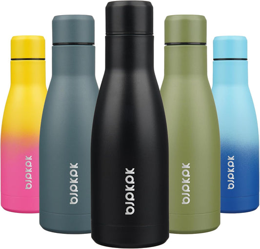 12Oz Water Bottles Stainless Steel Double Wall Vacuum Insulated Small Water Bottles for Travel,Midnight Black