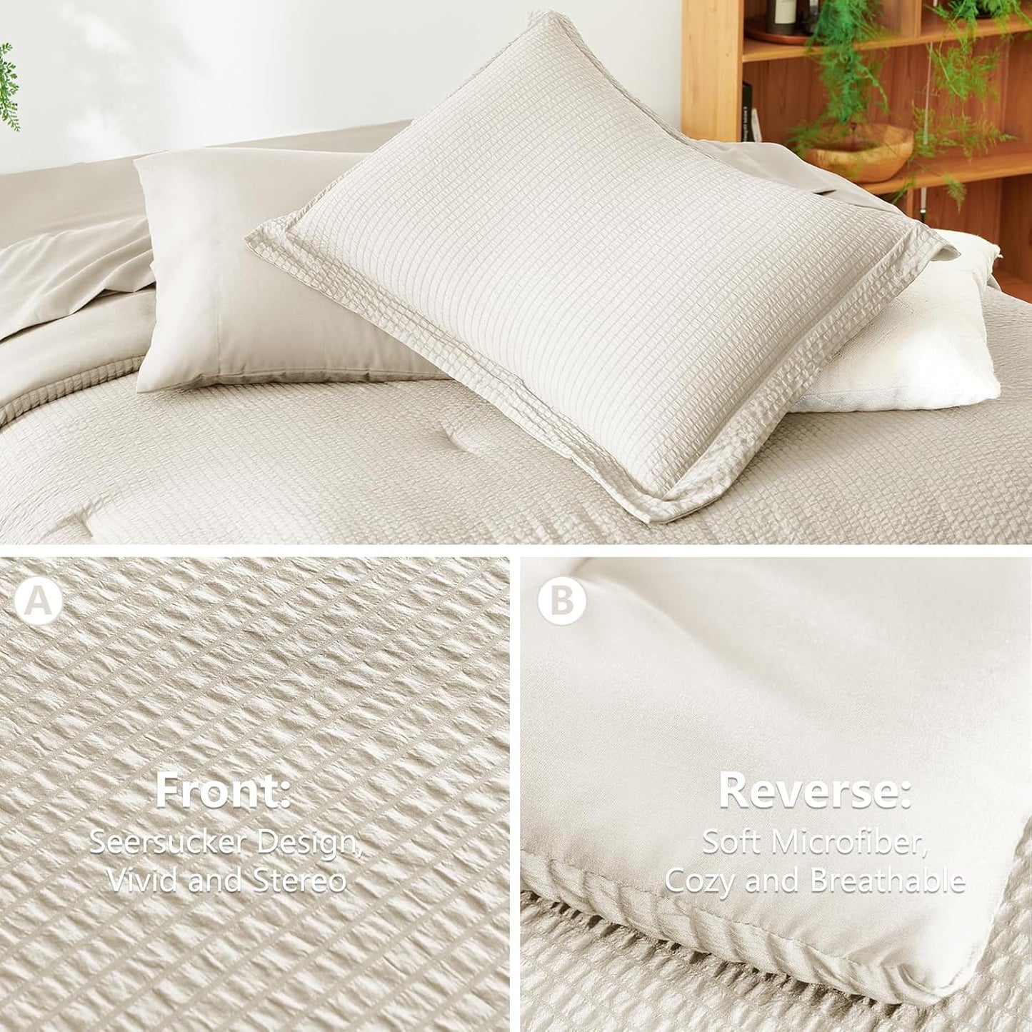 Queen Comforter Set - 7 Pieces Seersucker Bed in a Bag, Soft Lightweight Boho Bedding Set with All Season Comforters Queen Size, Sheets, Pillowcases & Shams, Beige Queen