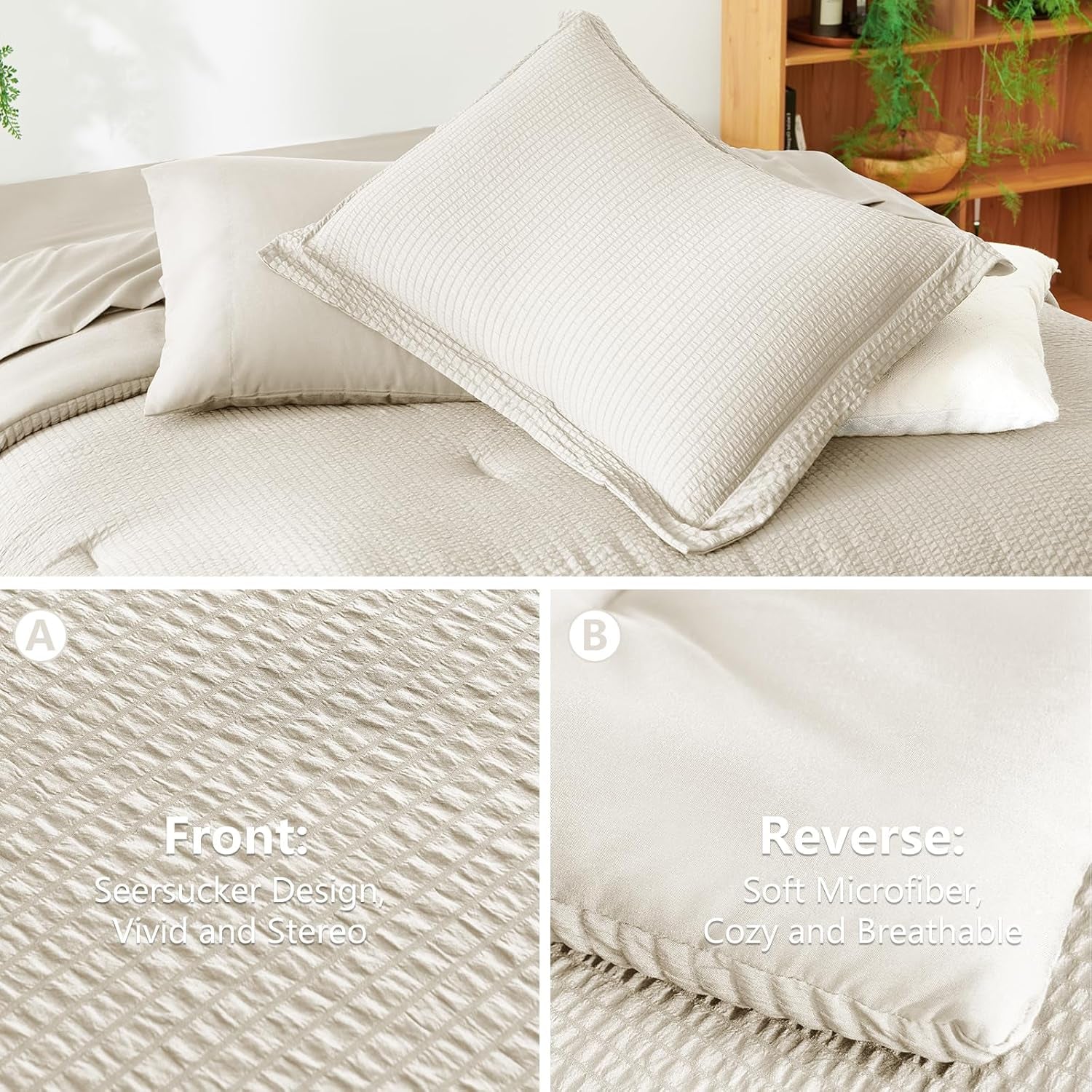 Queen Comforter Set - 7 Pieces Seersucker Bed in a Bag, Soft Lightweight Boho Bedding Set with All Season Comforters Queen Size, Sheets, Pillowcases & Shams, Beige Queen