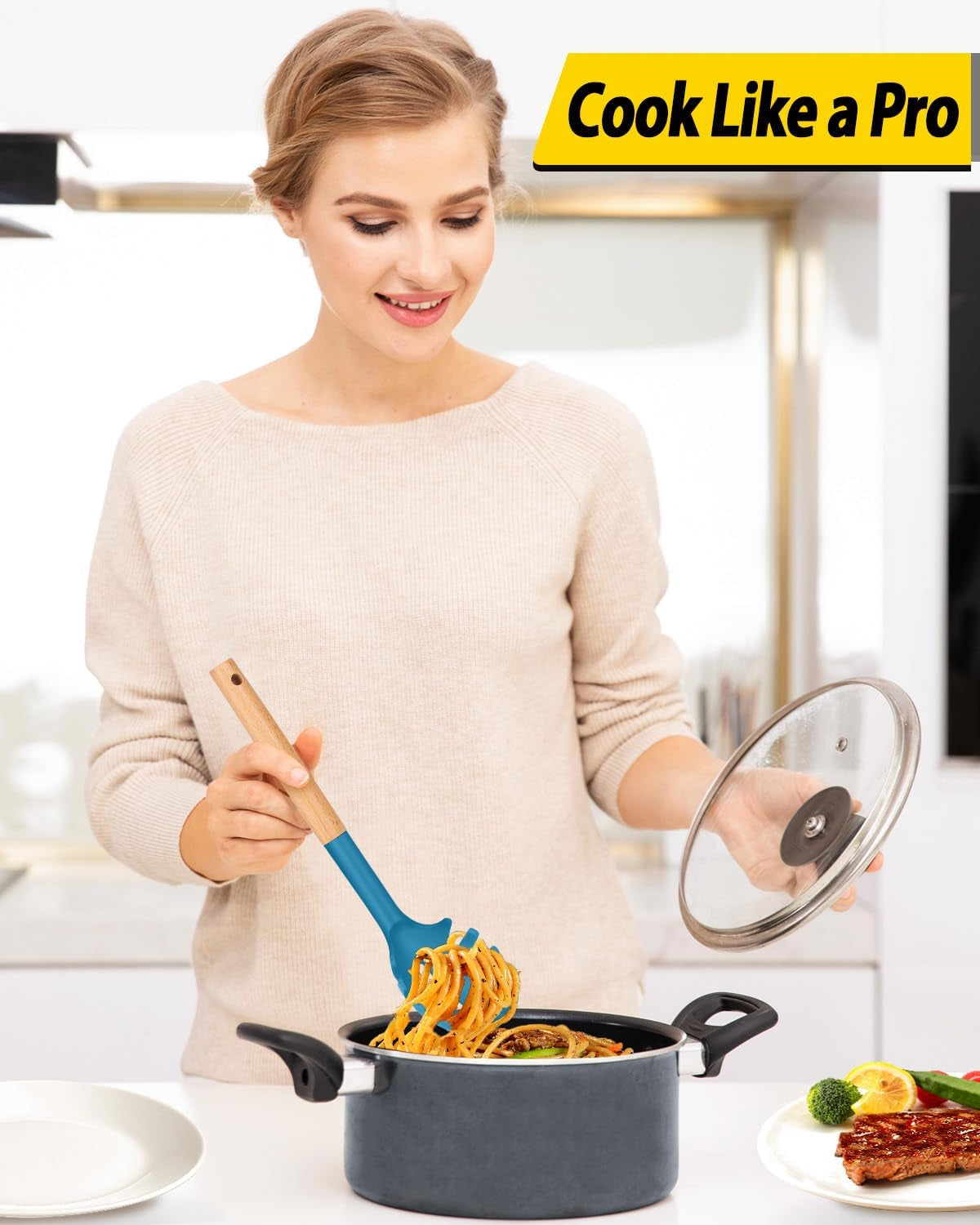 Pack of 2 Spaghetti Spoon, Silicone Pasta Fork with Wooden Handle, Heat Resistant Noodle Spoon Server, BPA Free Spaghetti Strainer(Gray-Blue)