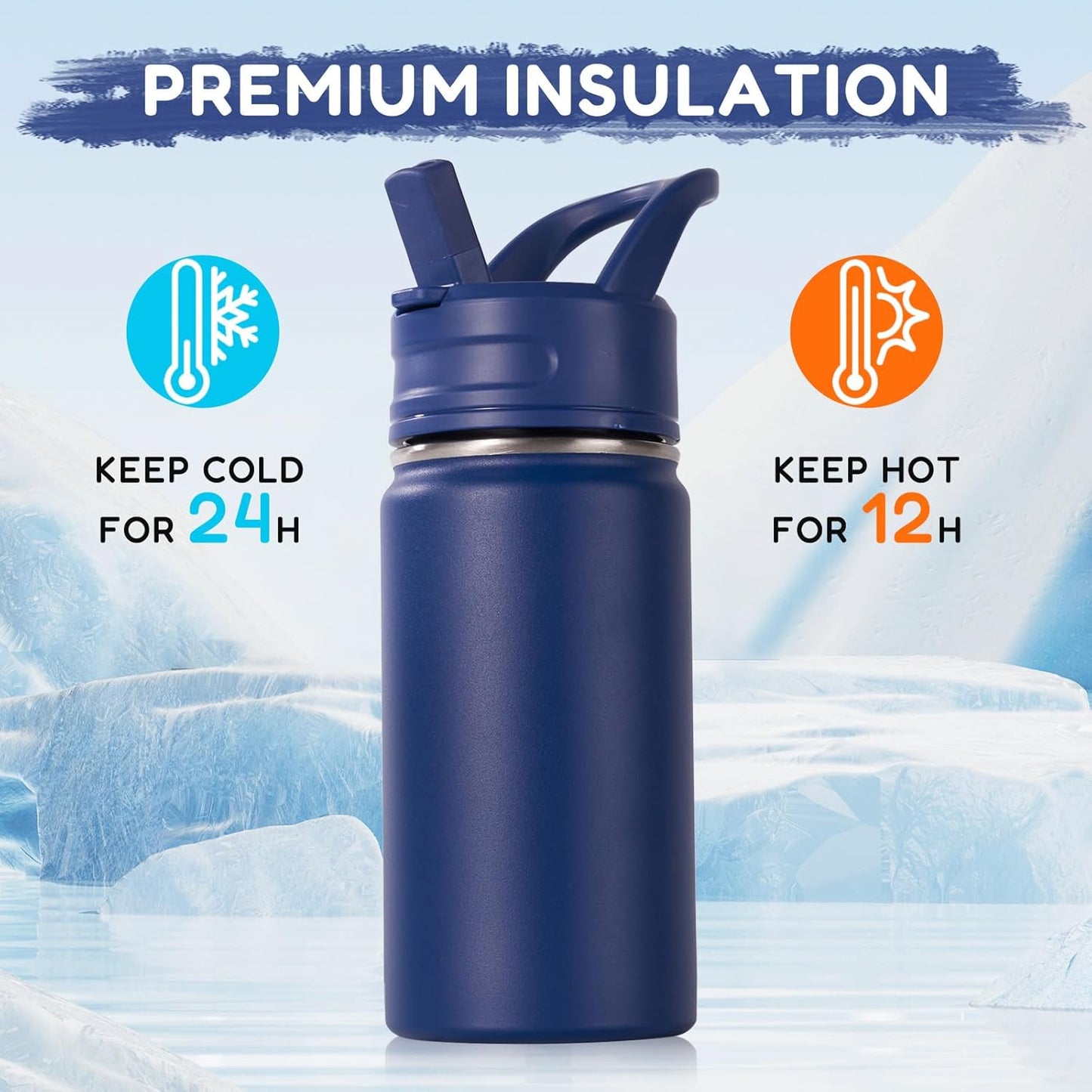 12Oz Kids Water Bottle for School, Toddler Water Bottles with Straws, Insulated Water Bottles for Boys&Girls, Stainless Steel Vacuum Insulated Bottle for Kids, Leak-Proof, Bpa-Free, Blue