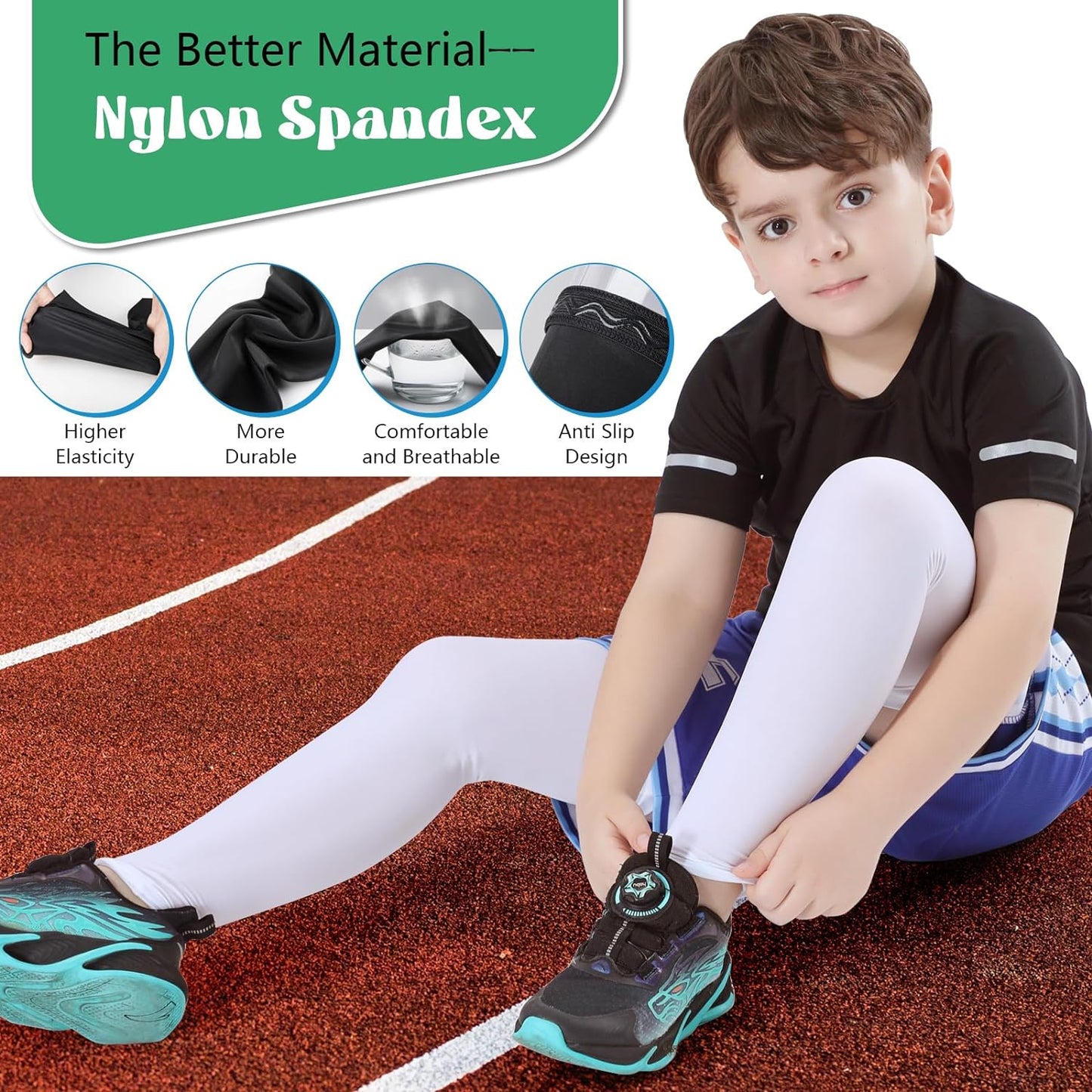 Kid Leg Sleeve 2 Pairs, Long Compression Leg Sleeve for Youth Boy Girl Basketball Soccer Football