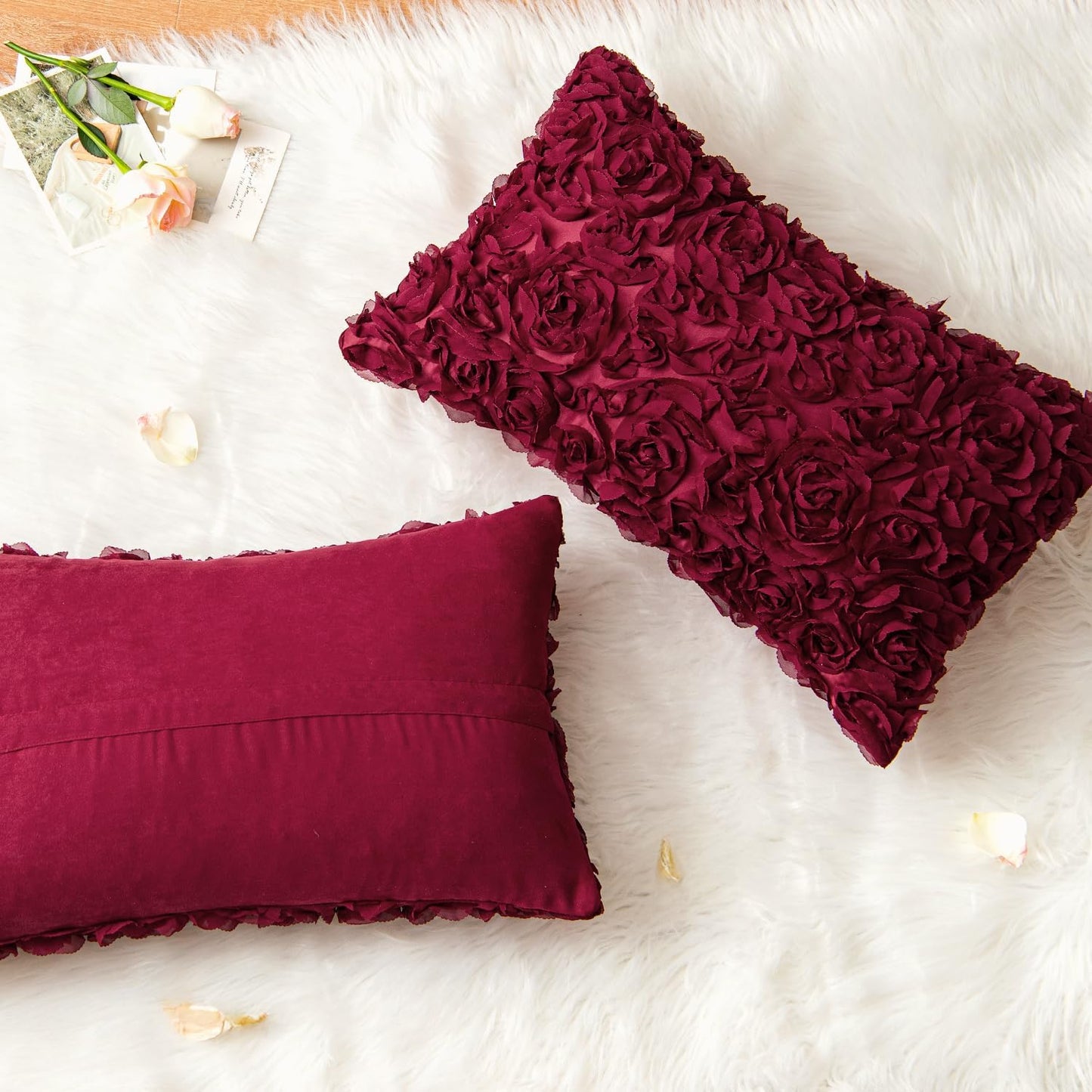 3D Decorative Christmas Romantic Valentines Stereo Chiffon Rose Flower Throw Pillow Cover Solid Festival Pillowcase for Girl Women Wedding Sofa Bedroom Car Decor 12X20 Inch Wine Red