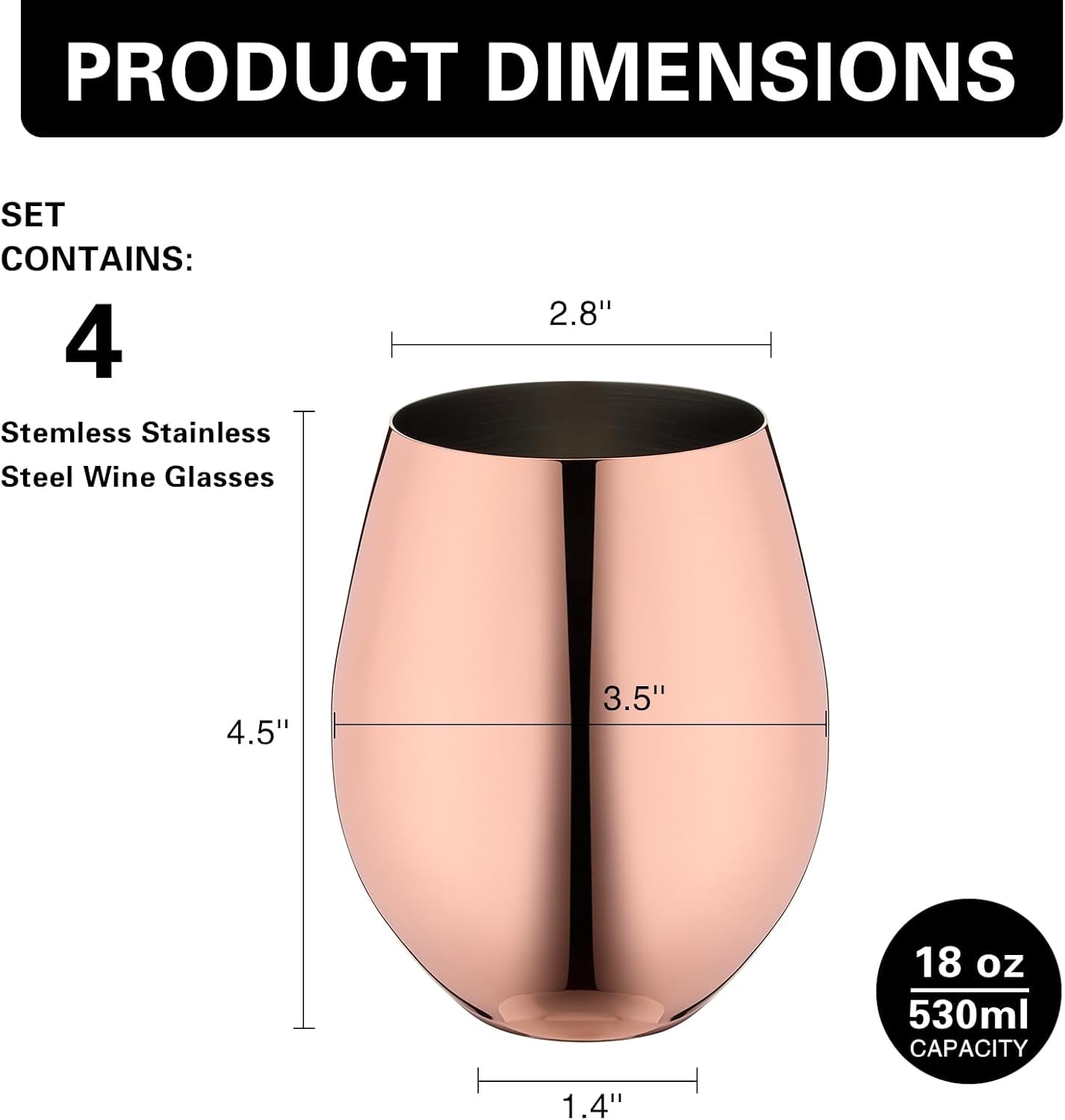 Rose Gold Wine Glasses Set of 4, 18Oz Copper Wine Glasses, Stemless Stainless Steel Wine Glasses, Unbreakable Metal Wine Glass for Outdoor, Travel, Camping, Ideal Wine Accessories Gift