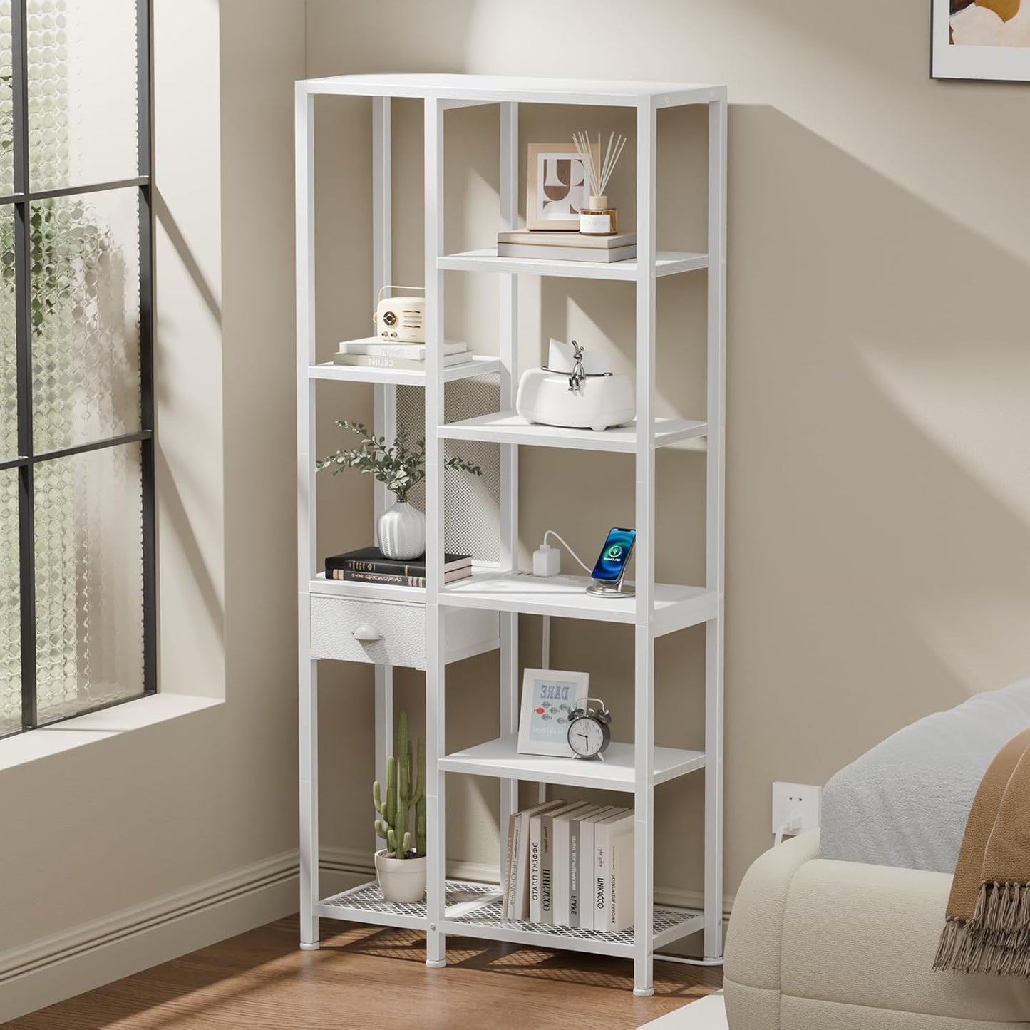 6-Tier Bookshelf with Charging Station, Double Display Shelf with Drawer, Tall Freestanding Bookcase, Metal Open Book Shelf for Living Room, Bedroom, Home Office, White