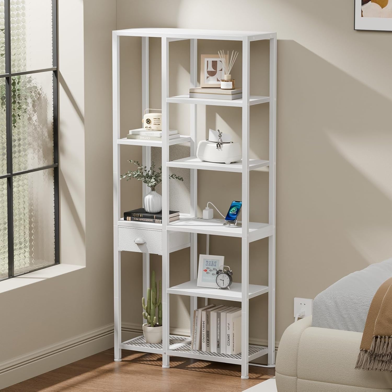 6-Tier Bookshelf with Charging Station, Double Display Shelf with Drawer, Tall Freestanding Bookcase, Metal Open Book Shelf for Living Room, Bedroom, Home Office, White
