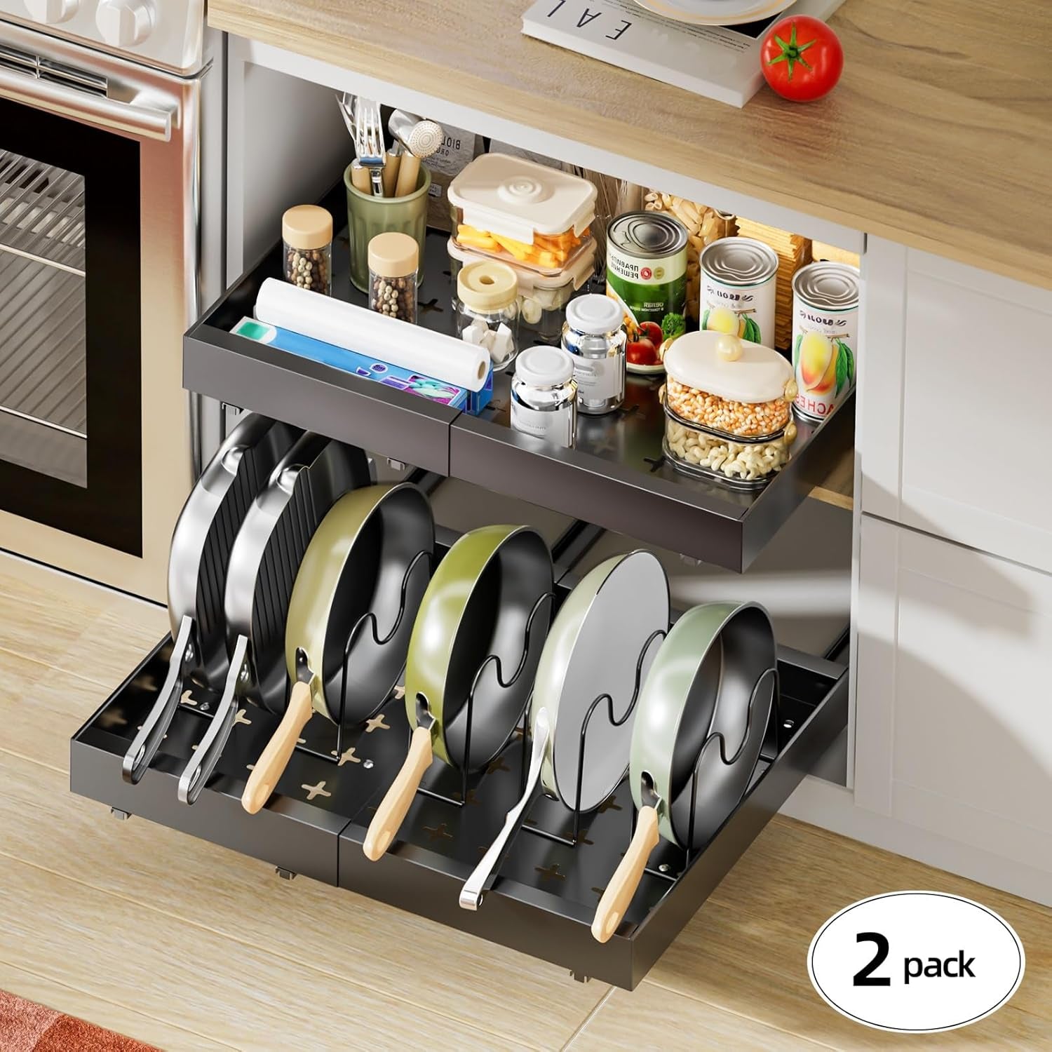 2 Pack 16" Deep Pull Out Cabinet Organizer with 6 Dividers, Expandable (11.7 "-20" W) Pull Out Drawers for Cabinets, Cabinet Trays Pull Out for Cabinets in Kitchen, Pantry or Bathroom