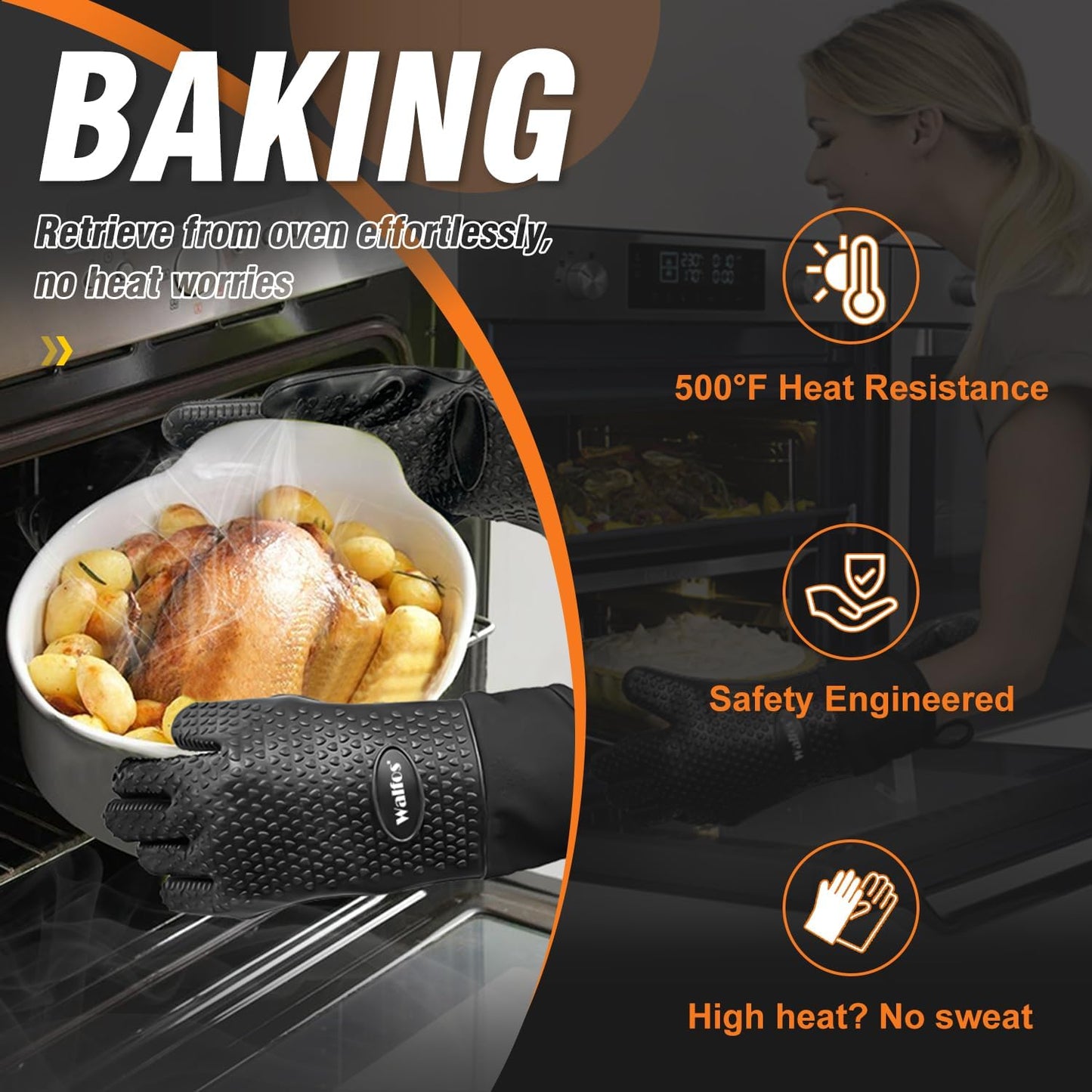 Silicone BBQ Gloves - Heat Resistant Grilling Gloves, Premium Non-Slip Kitchen Silicone Oven Mitt with Protective Cotton Layer Inside, Waterproof, Great for Grilling, Kitchen and Cooking, Black