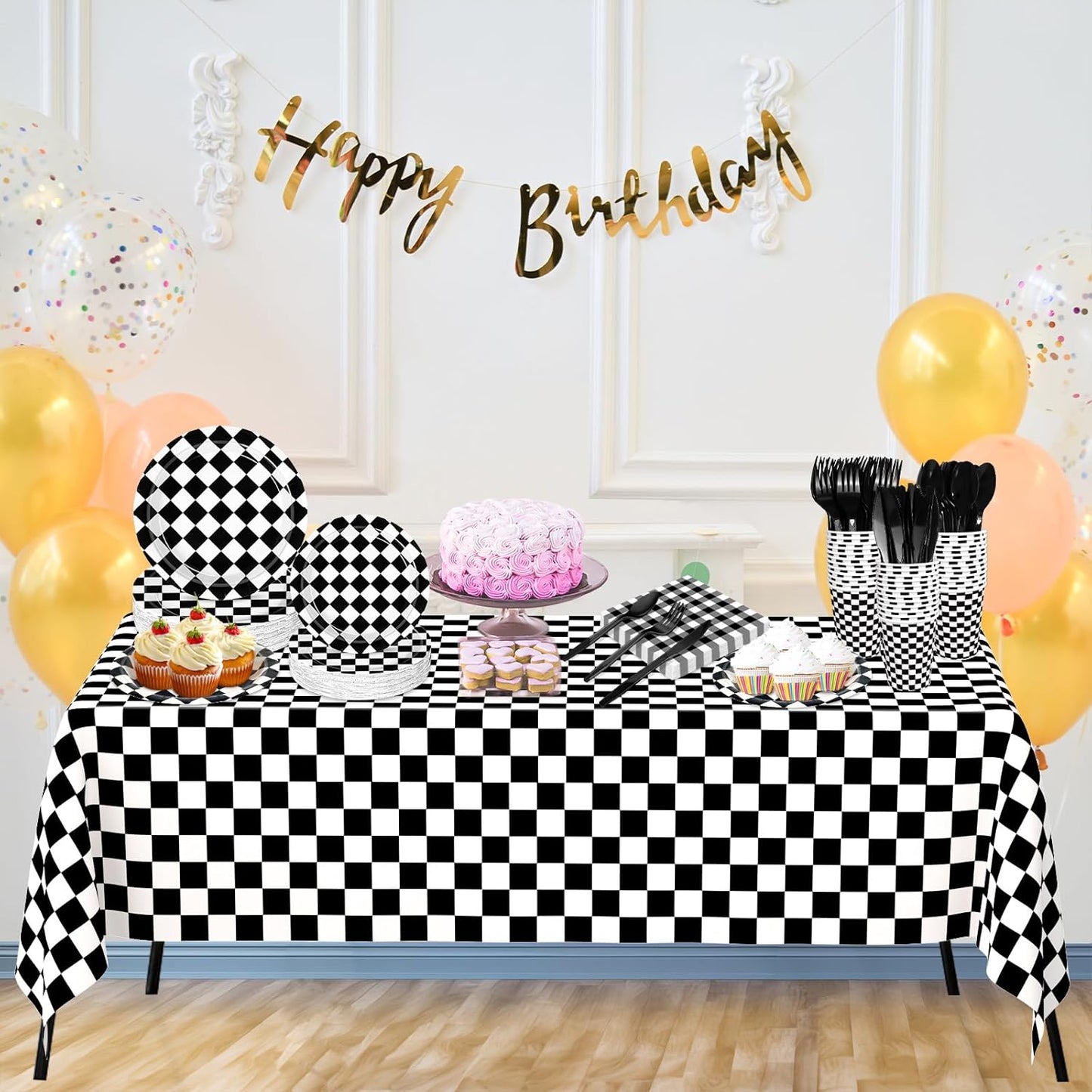176 PCS Race Car Birthday Party Decorations Black and White Gingham Plates and Napkins, Cups Plastic Spoons Forks Knives, Cutlery for Cars Birthday Decorations, Serves 25