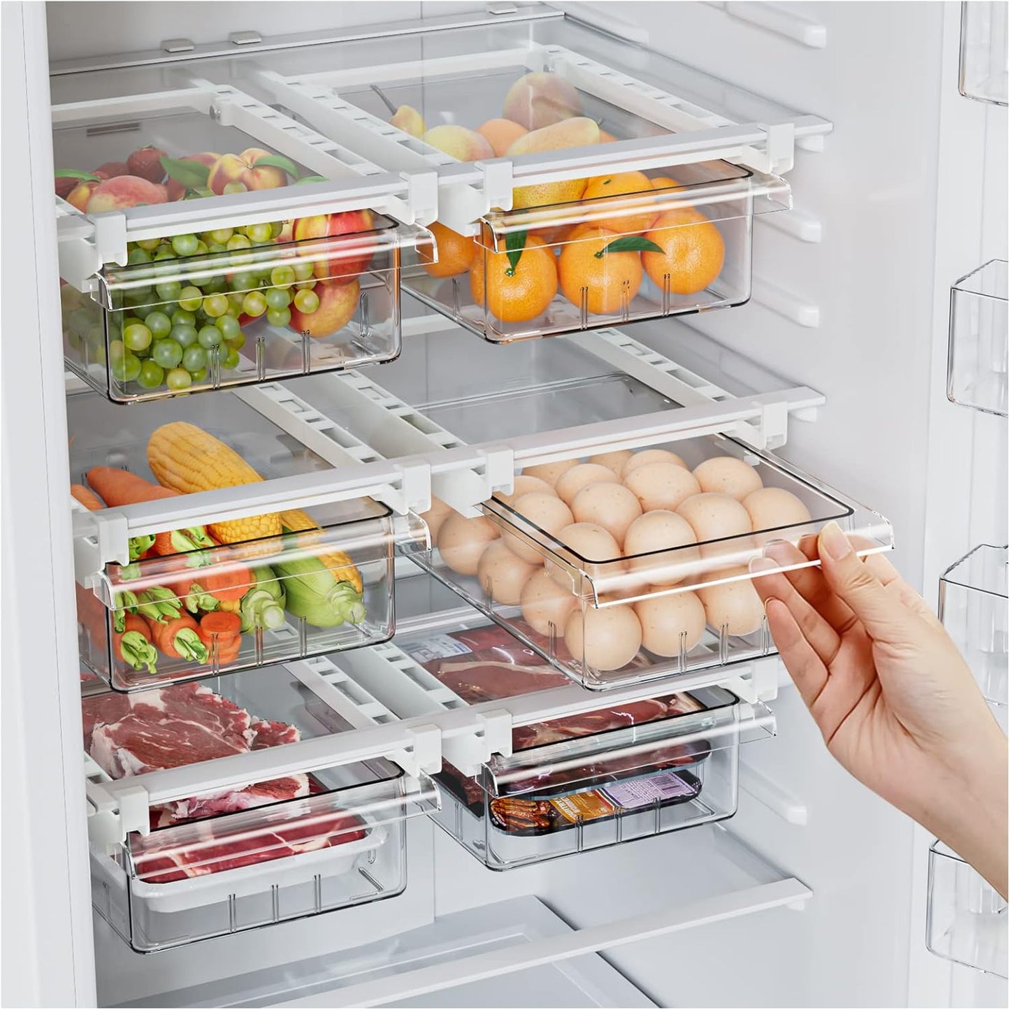 2 Pack Refrigerator Drawer Organizer, Pull Out Shelf Storage Transparent Organizer for Egg, Fruit, Vegetable, Seafood, Meat, Fit All Fridge Shelves under 0.6''