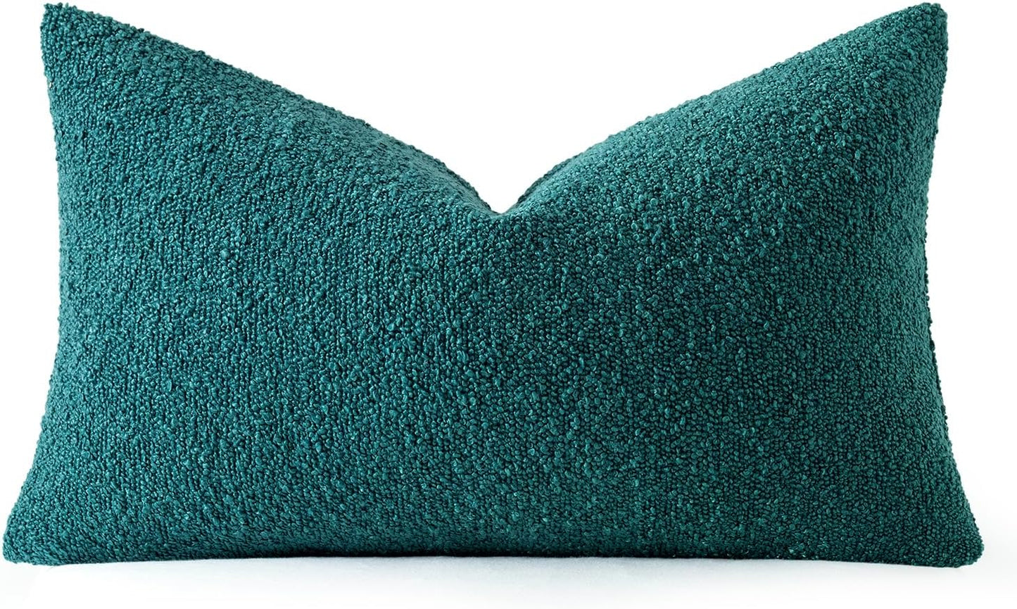 Textured Boucle Lumbar Throw Pillow Cover in Teal - Decorative Soft Cushion Case for Couch, Chair, and Bedroom - 12x20 Inch, Single Pack
