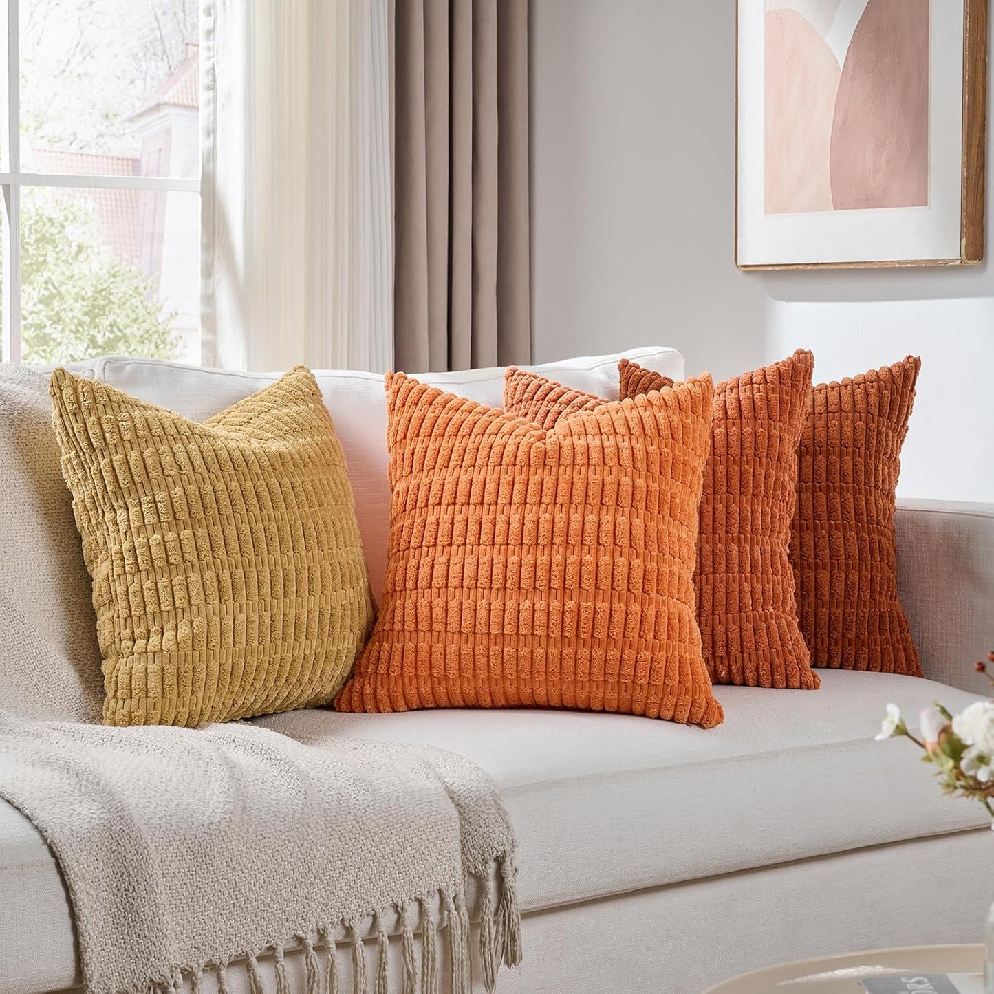 Set of 4 Burnt Orange Fall Decorative Throw Pillow Covers 18X18 Inch for Couch Bed Chair, Modern Farmhouse Boho Room Decor, Soft Fuzzy Corduroy Textured Striped Cushion Case 45Cm